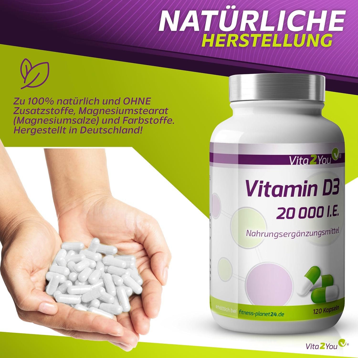 Detalle de Vita2You Vitamin D3 20.000 IE – 120 Kapseln (1.000 I.E./Tag) aus Deutschland