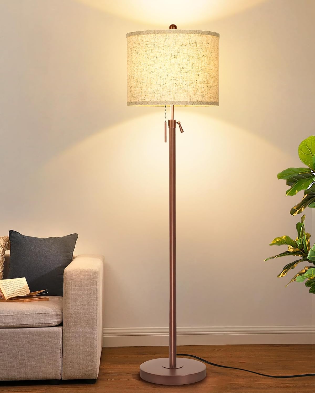 Detalle de Qingmiao Stehlampe mit Leinen-Lampenschirm (E27), 9W-Birne mit 3 Farbtemperaturen, höhenverstellbar 140–168 cm