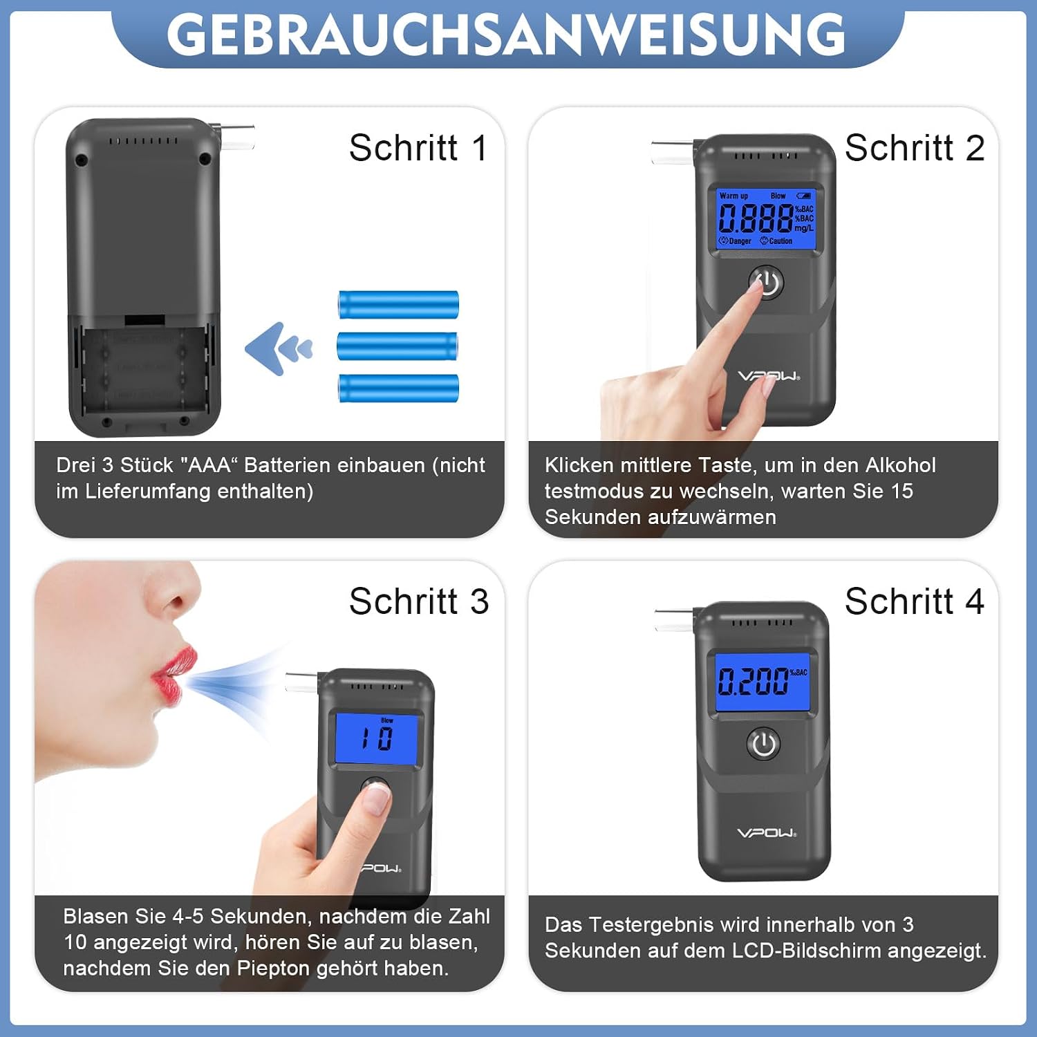Detalle de VPOW Breathalyzer Alcohol Tester 0.1% BAC