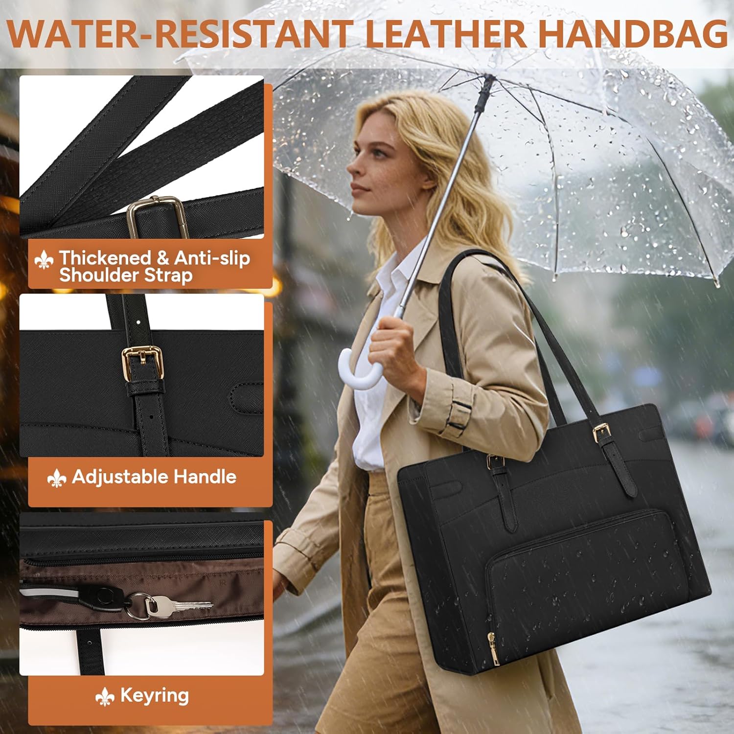 Detalle 2 de RAINSMORE 15.6-inch Laptop Bag for Women with Insulated Lunch Compartment – PU Leather Work Tote