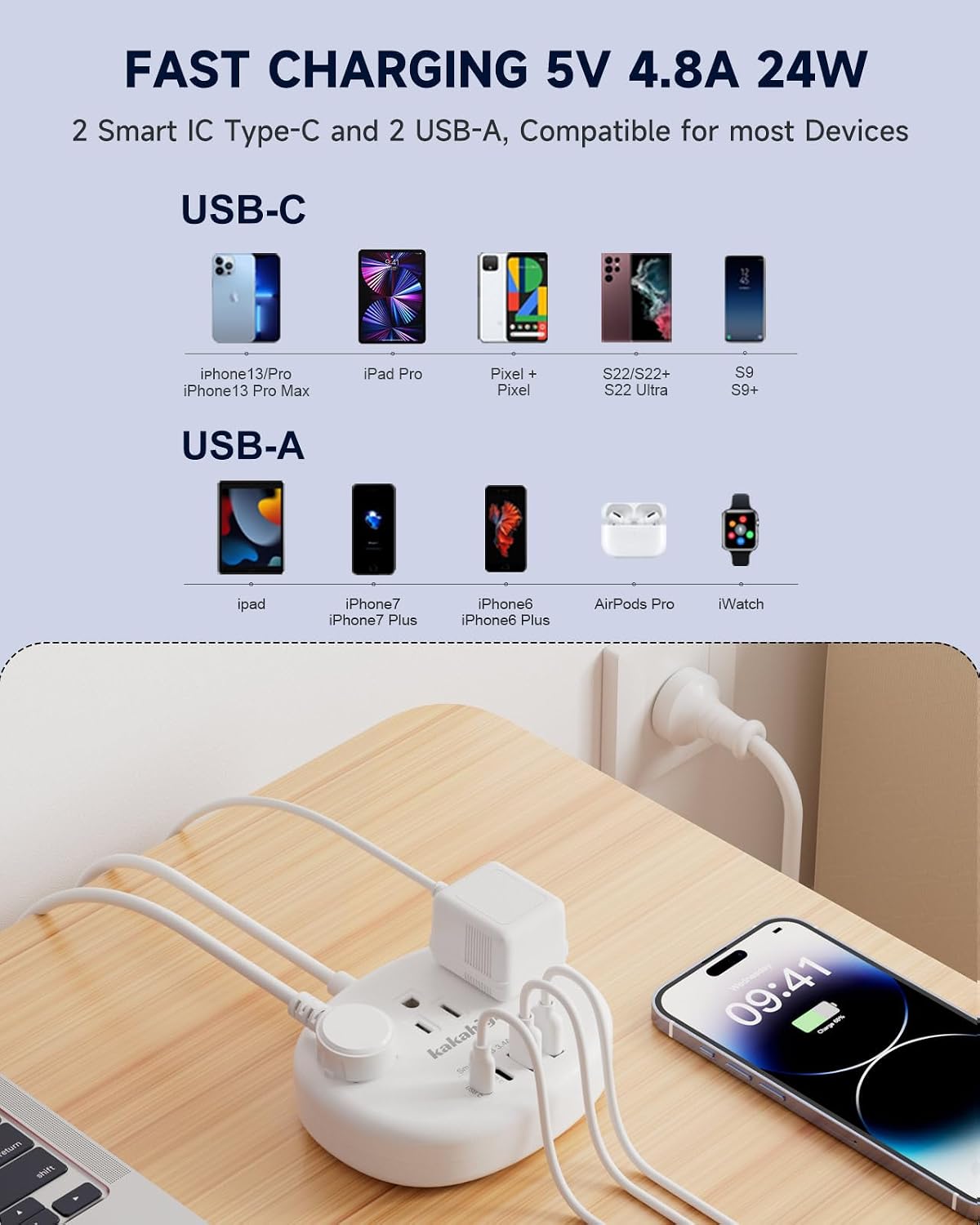 Detalle de kakahigh 771 Australia Travel Adapter, 3 AC Outlets, 4 USB Ports