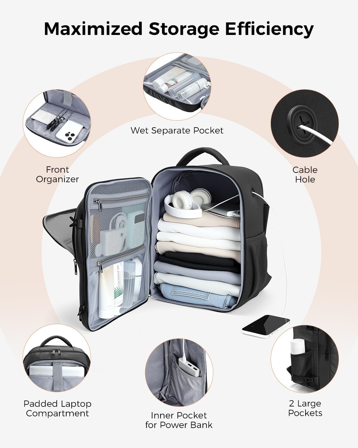 Detalle de Lekespring for Ryanair Cabin Bag 40x30x20 Black: Lightweight, Expandable Underseat Carry-On