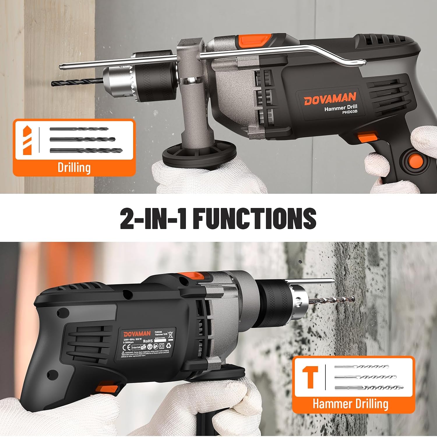 Detalle de DOVAMAN 850W Hammer Drill (corded) with 13mm metal chuck, variable speed up to 3000RPM & 15-piece bit set
