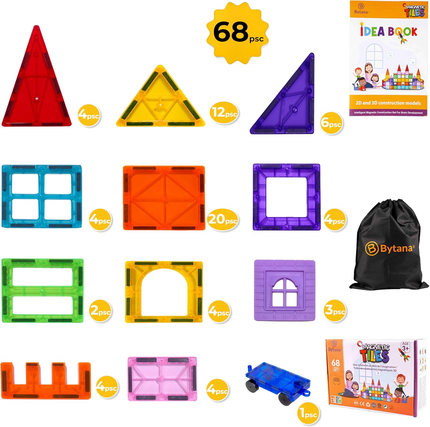 Thumbnail 1 de BYTANA Jeu de Construction Magnétique 68 Pièces – Blocs Aimantés 3D pour enfants à partir de 3 ans