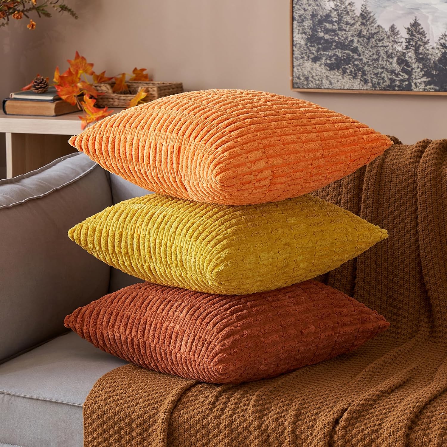 Detalle 2 de MIULEE Corduroy Cushion Covers 40x40 cm (16x16 in) Caramel Square, Pack of 2