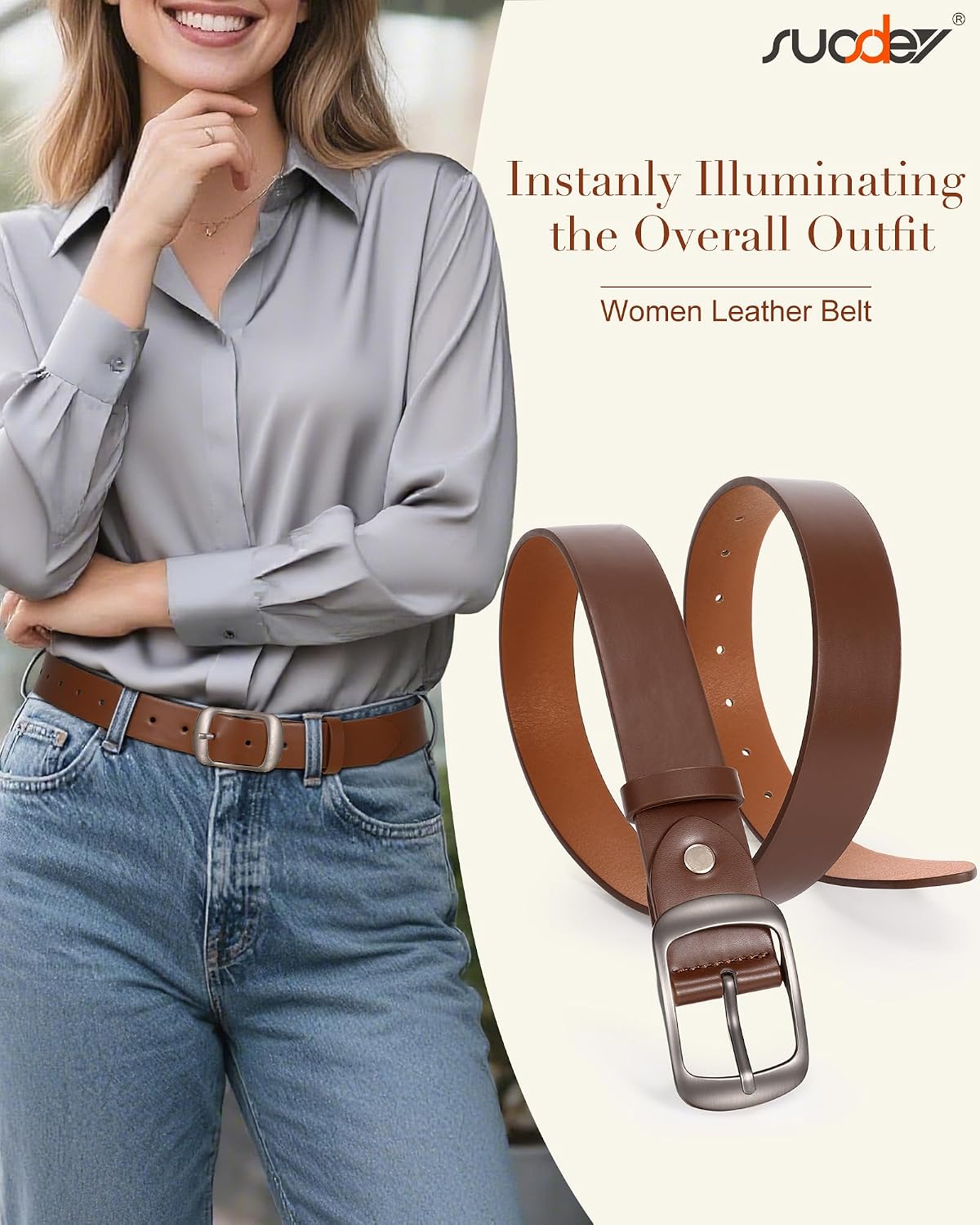 Thumbnail 1 de SUOSDEY Women's Faux Leather Belt, 1.3-Inch Strap, Trim-to-Fit Buckle
