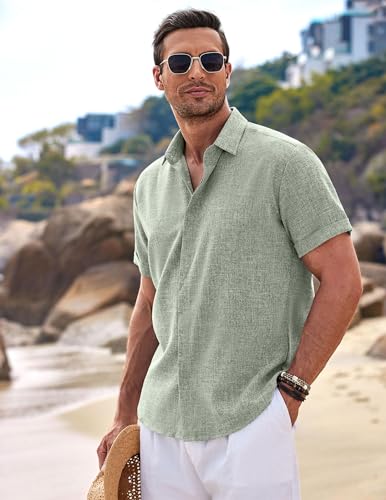 Thumbnail 2 de COOFANDY Camisa de lino para hombre, manga corta, verde claro – estilo playa y verano