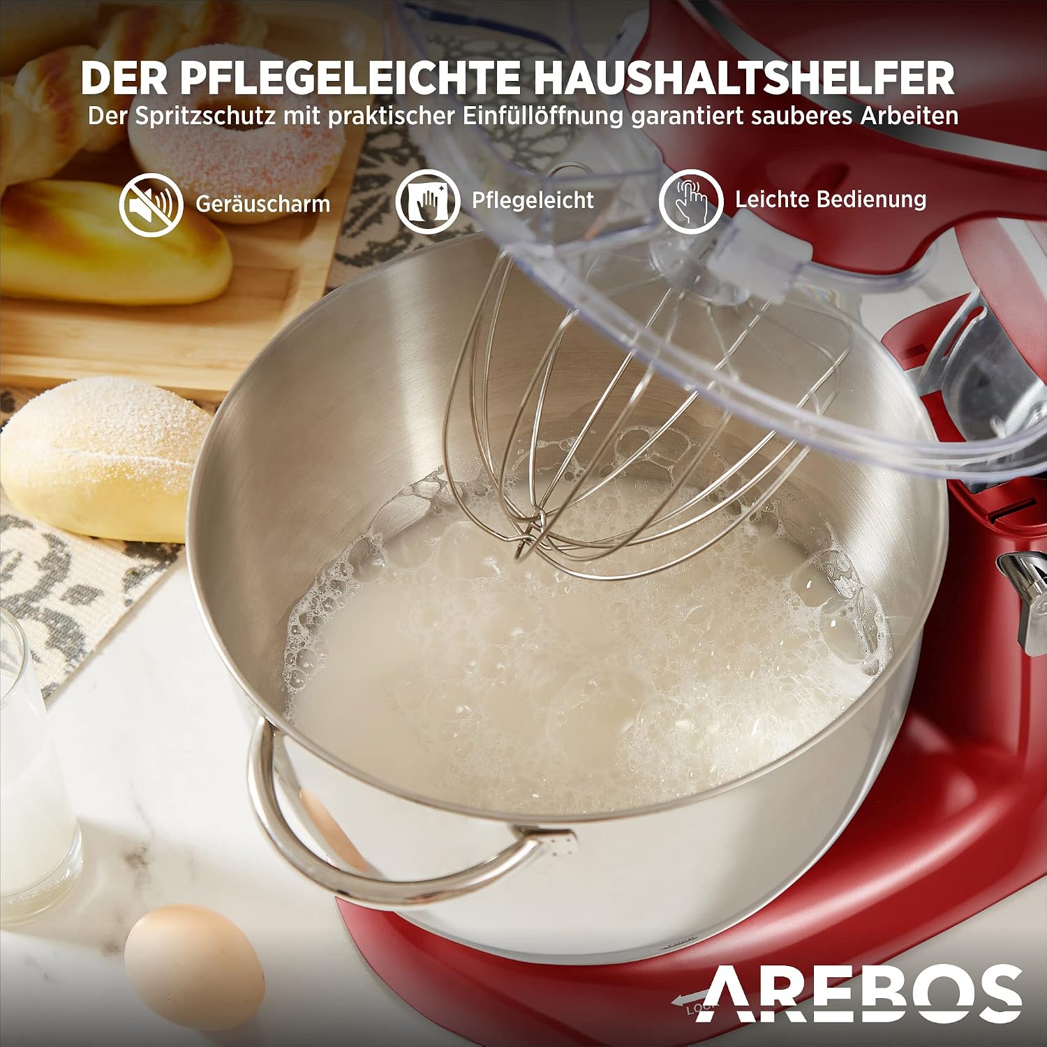 Thumbnail 6 de Arebos Küchenmaschine 1500 W mit 6-L-Edelstahlschüssel (rot) – Planetenrührsystem & 6 Geschwindigkeiten