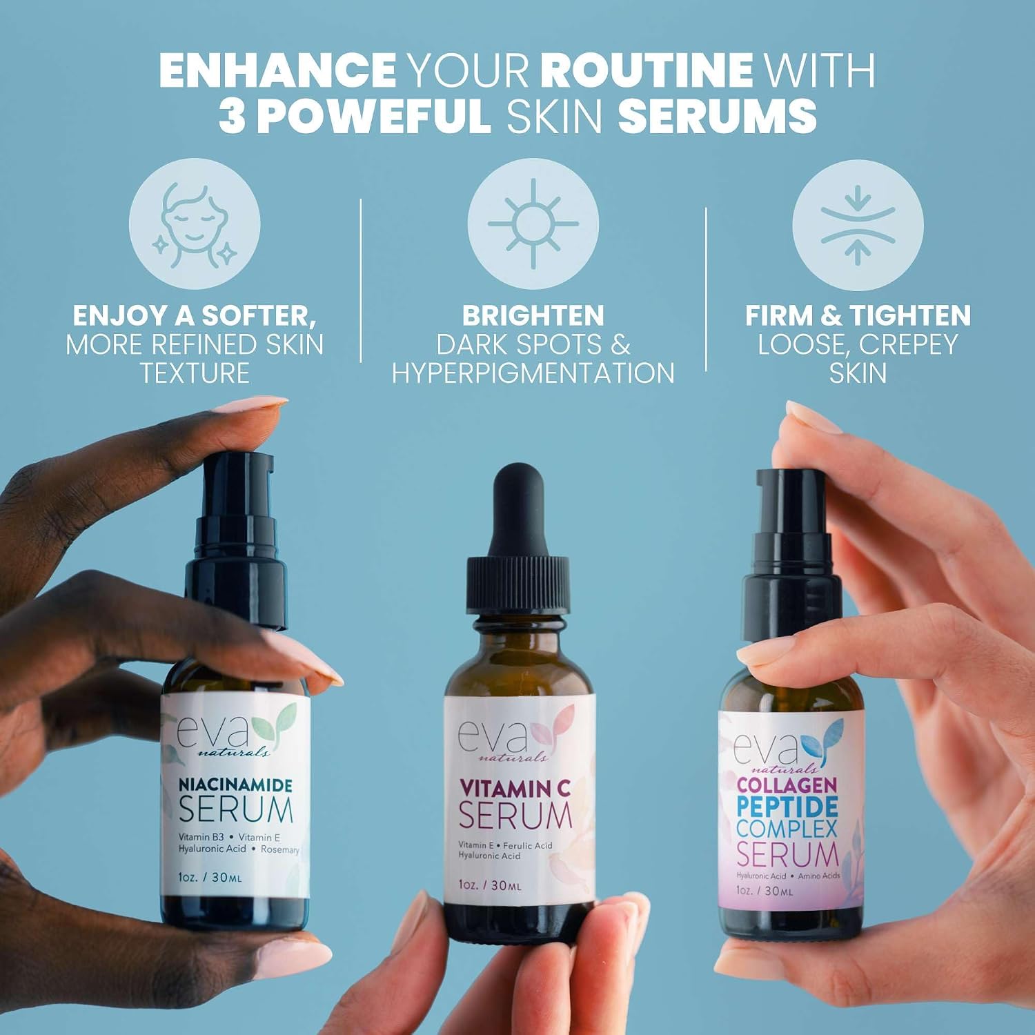 Thumbnail 1 de Eva Naturals Firm & Glow Serum Bundle (Vitamin C, Peptide & Niacinamide) — 3-Serum Anti-Aging Set