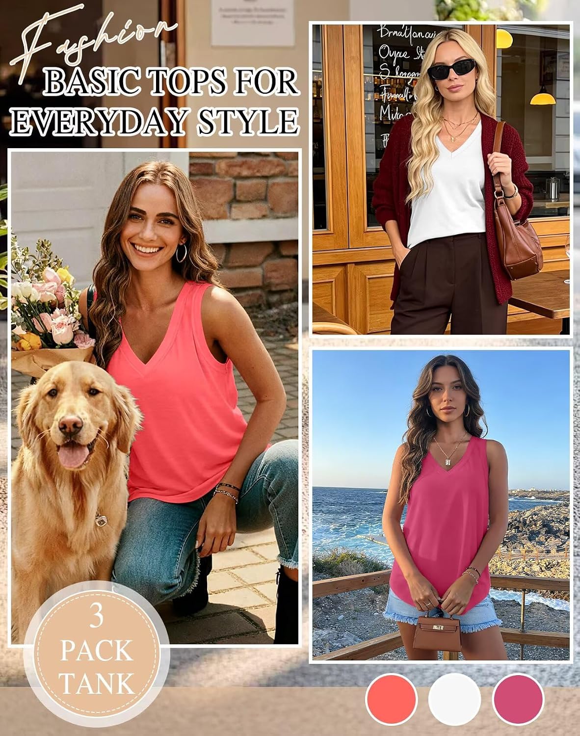 Thumbnail 3 de KKJ 3 Pack Women's Tank Tops – 2026 Summer V-Neck Loose-Fit Sleeveless Casual Shirts
