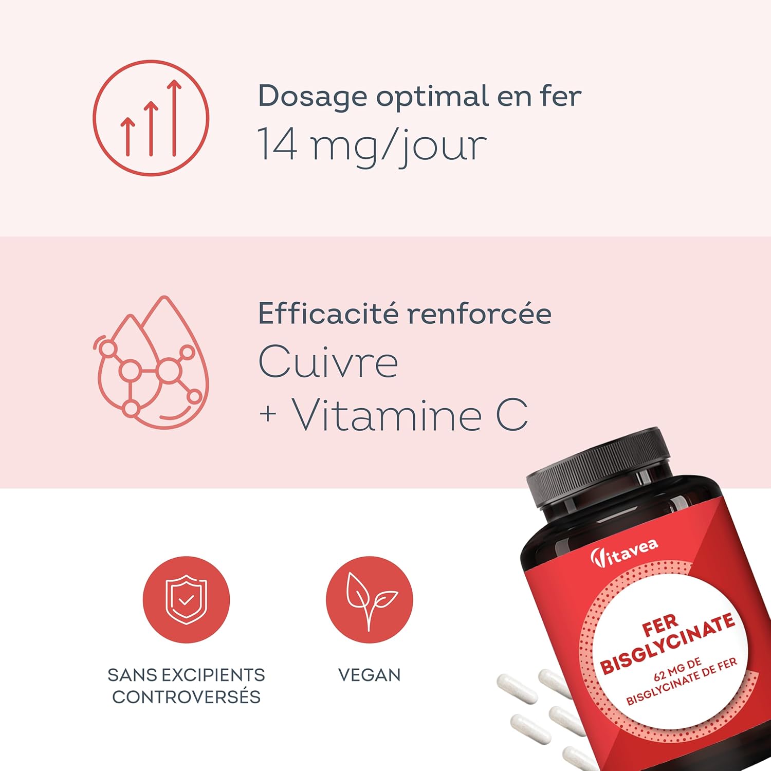 Thumbnail 1 de Vitavea Fer Bisglycinate 14 mg + Vitamine C & Cuivre – absorption élevée, 120 gélules vegan, fabriqué en France