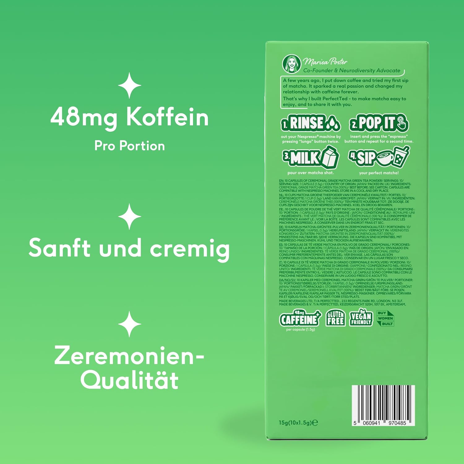 Detalle de Perfect Ted Original: 60 Nespresso‑kompatible Matcha‑Kapseln aus japanischem Bio‑Zeremonien‑Matcha
