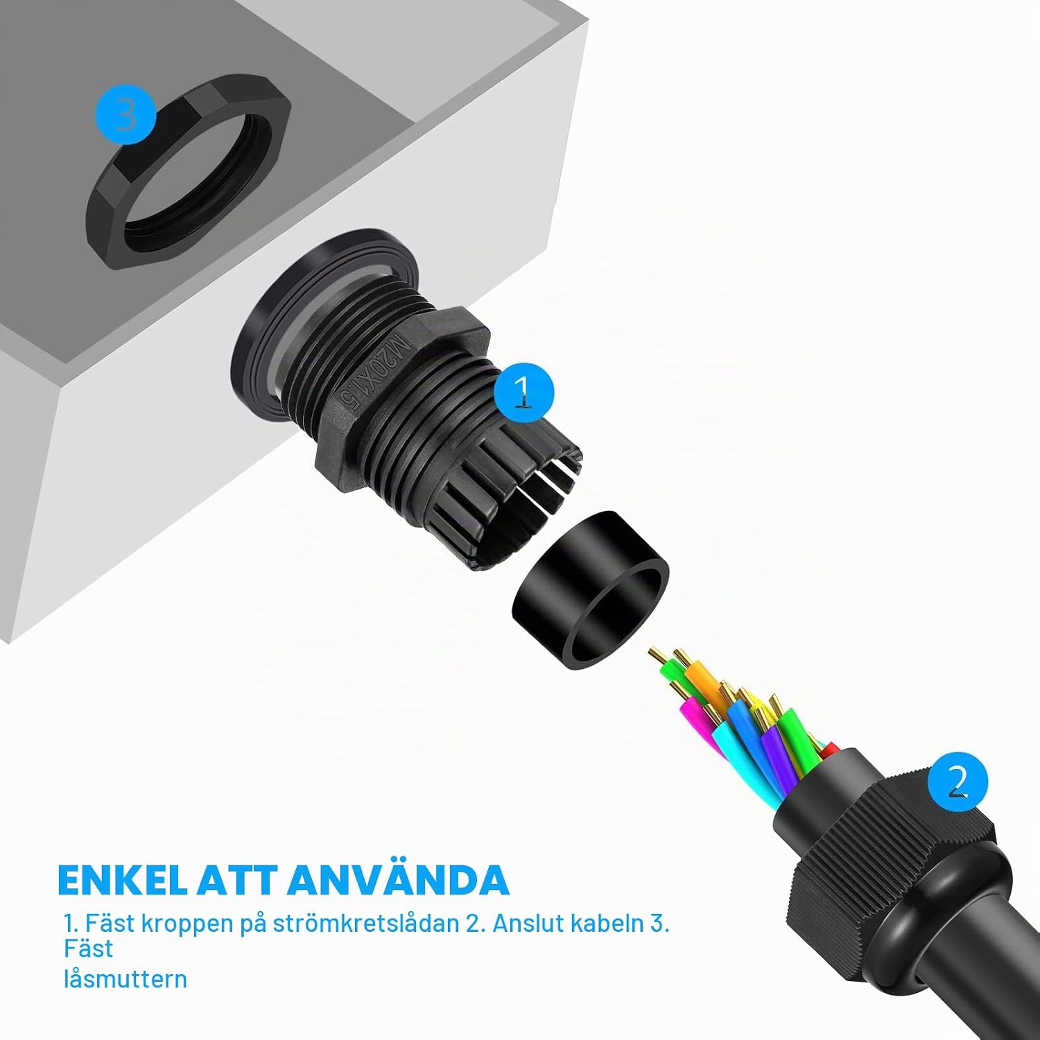 Detalle 2 de Zocipro M20 kabelgenomföringar, 20-pack för 6–12 mm kabel, IP68, svart