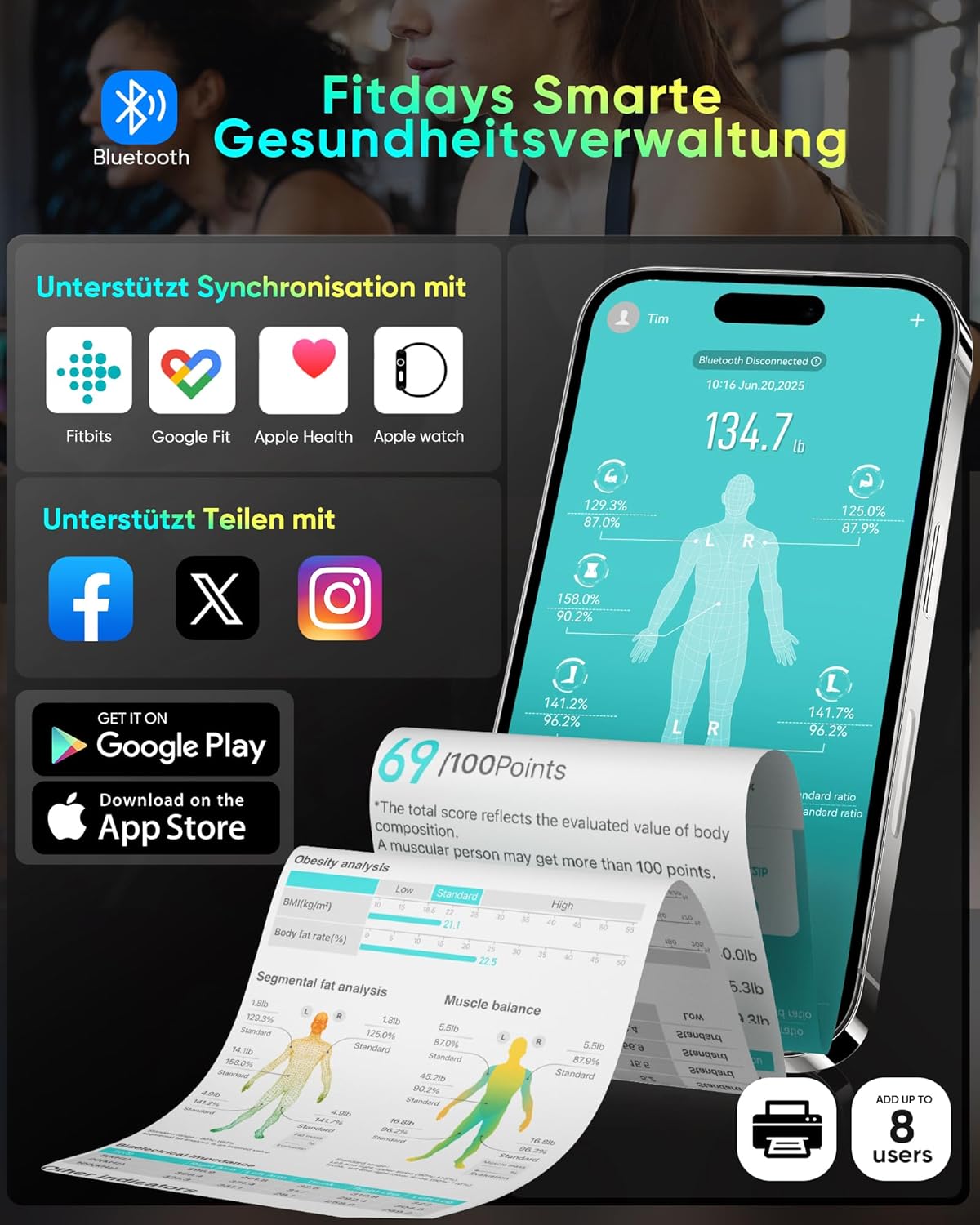 Thumbnail 6 de Letron Körperfettwaage Personenwaage digital mit 8-Elektroden und Bluetooth-App (58 Messwerte, 24 Nutzer)