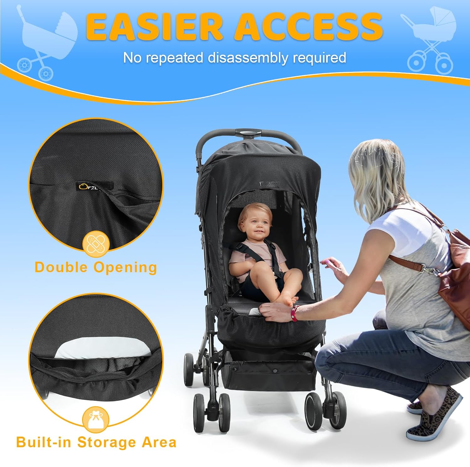 Thumbnail 3 de Orzbow Pram Sun Shade with Mosquito Net & UPF 50+ UV Protection, Universal Buggy Cover (Black)