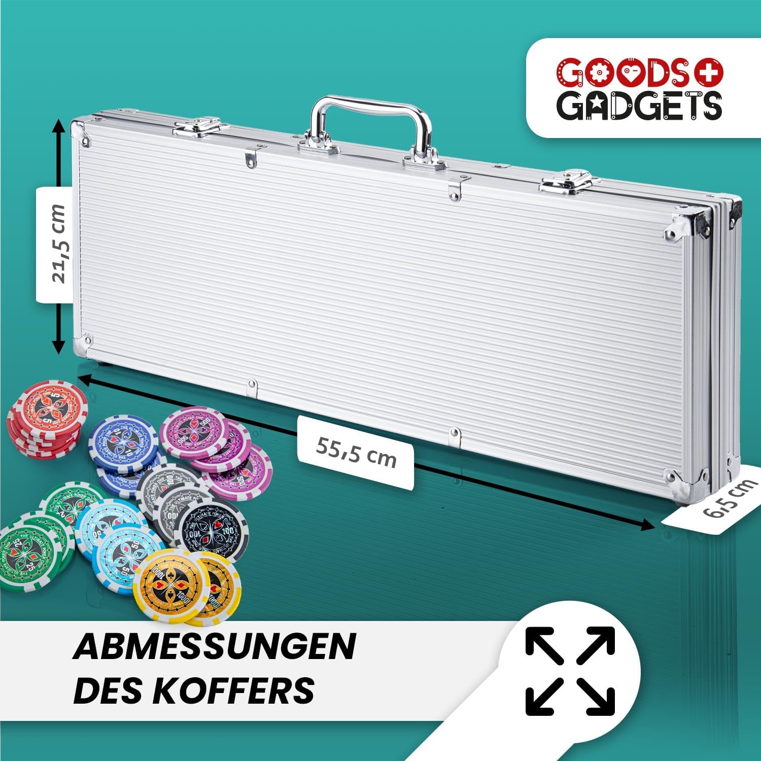 Detalle de GOODS+GADGETS Profi Pokerkoffer Pokerset 500 – hochwertiges Casino-Set mit Aluminiumkoffer