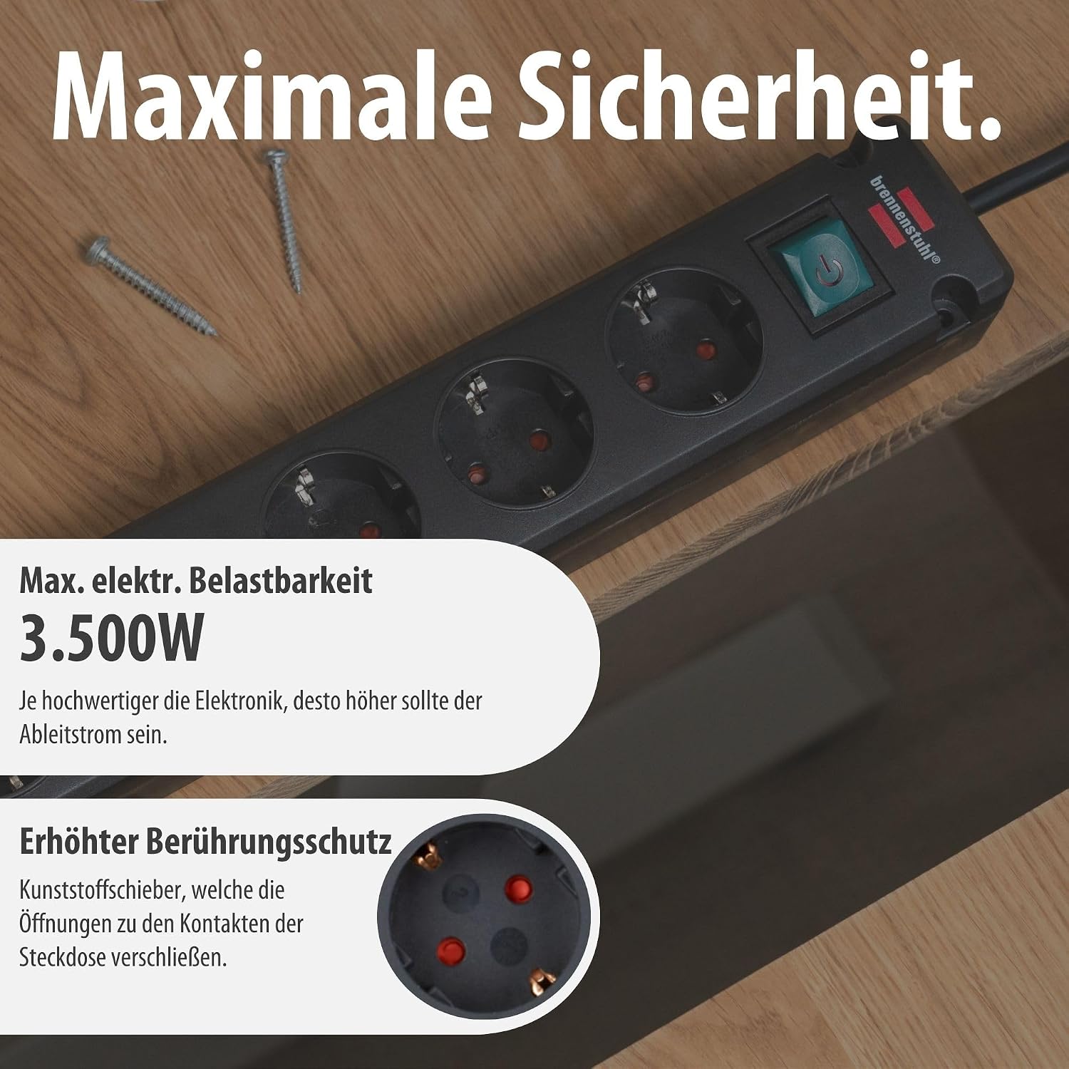 Detalle de Brennenstuhl Bremounta 6-Fach-Steckdosenleiste mit Schalter – sichere Wandmontage