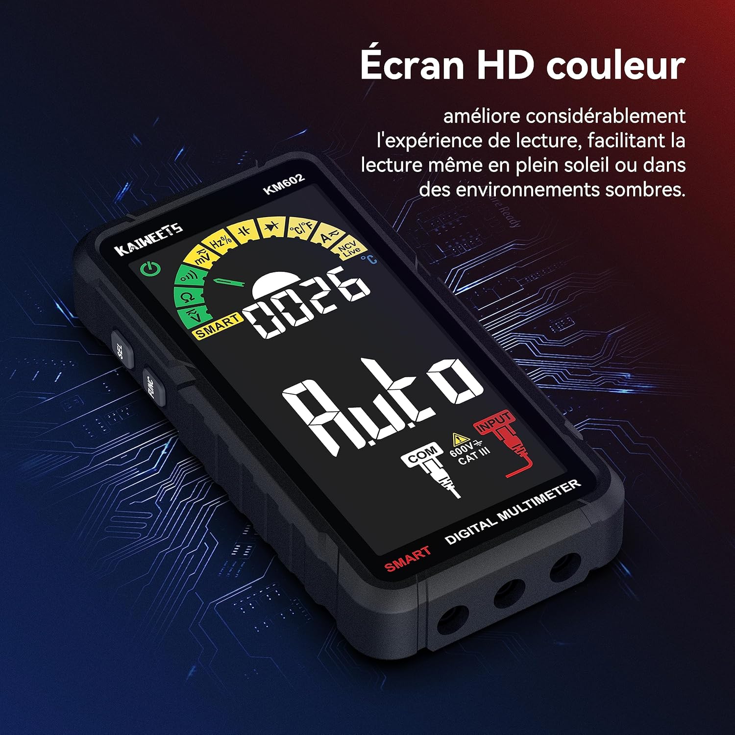 Detalle de Multimètre automatique rechargeable KAIWEETS (6000 comptes) : mesure CA/CC, résistance, continuité