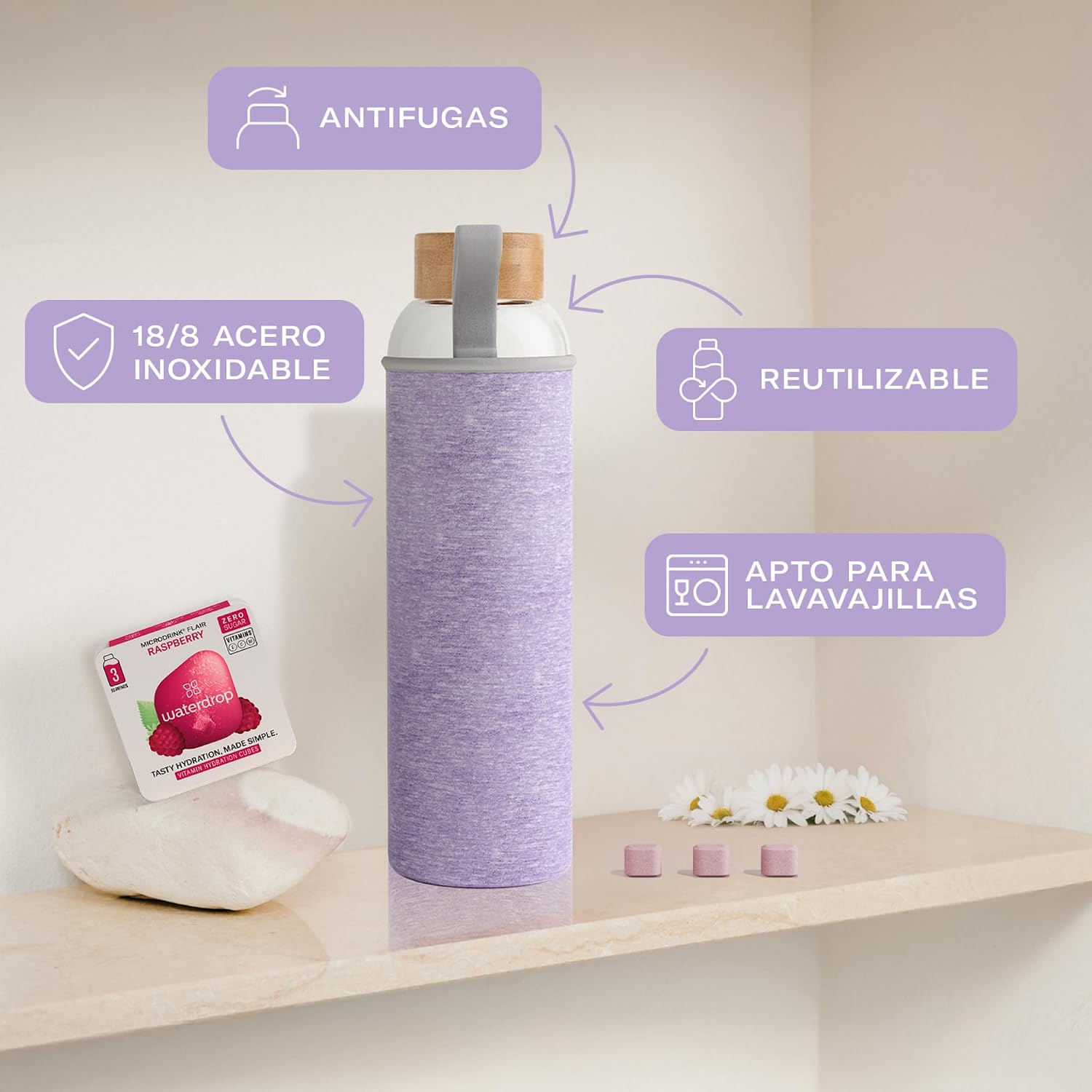 Detalle 1 de waterdrop® Día de la Madre: Botella de Vidrio 600ml + 18 Cubos 💧
