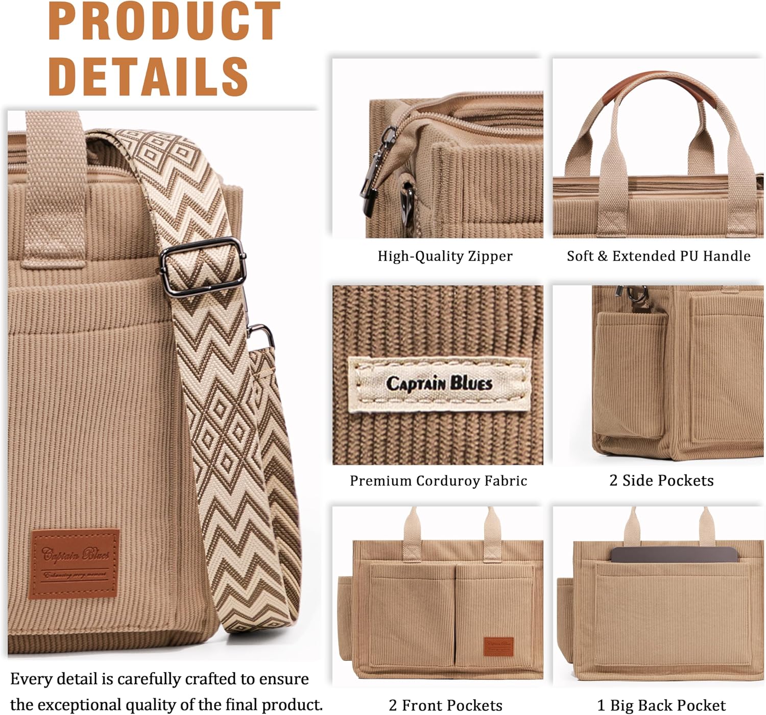Detalle de Captain Blues corduroy zip tote bag 15.6 inch