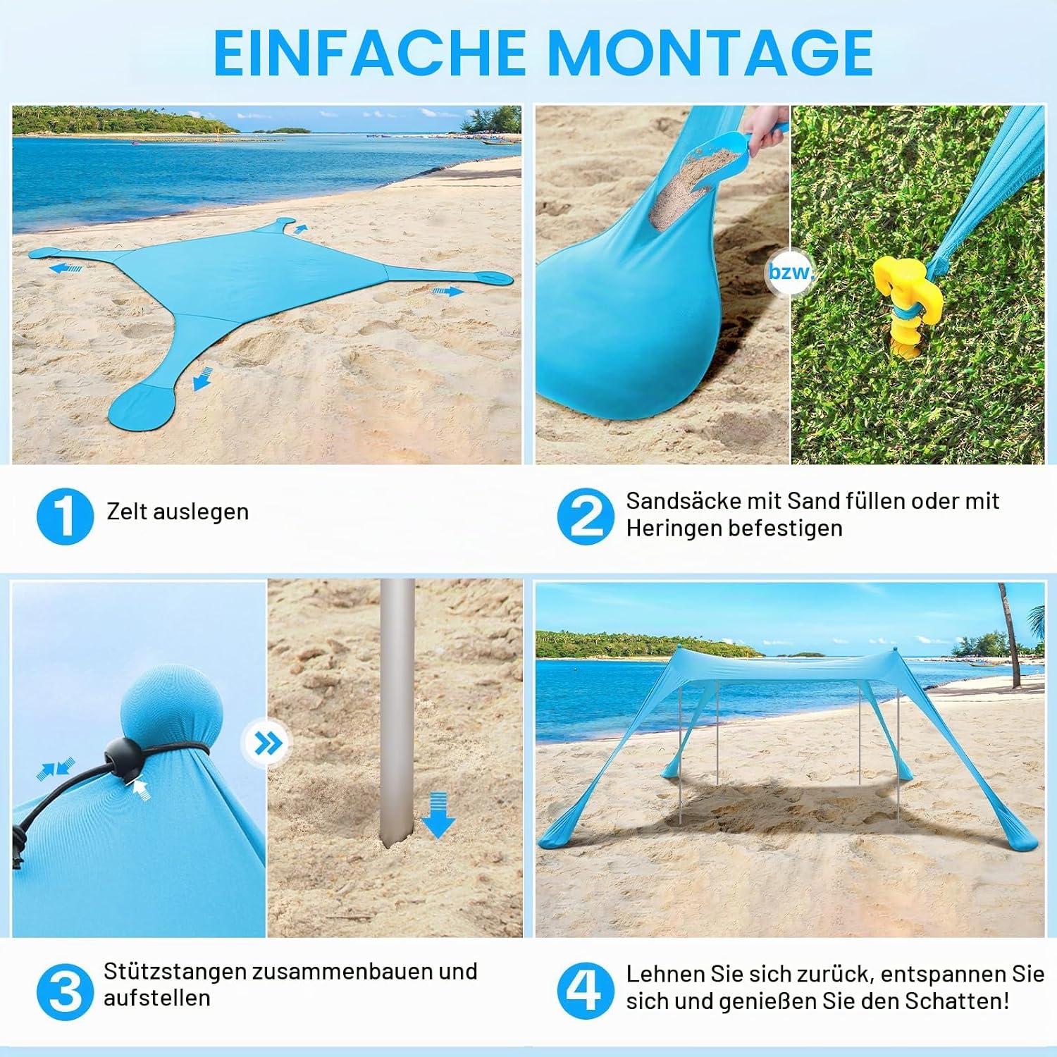 Detalle de Sonnensegel Strandzelt UPF50+ 3x3x2 m – Strandsonnenschutz mit 4 Stangen, 4 Sandsäcken und 4 Ground Anchors