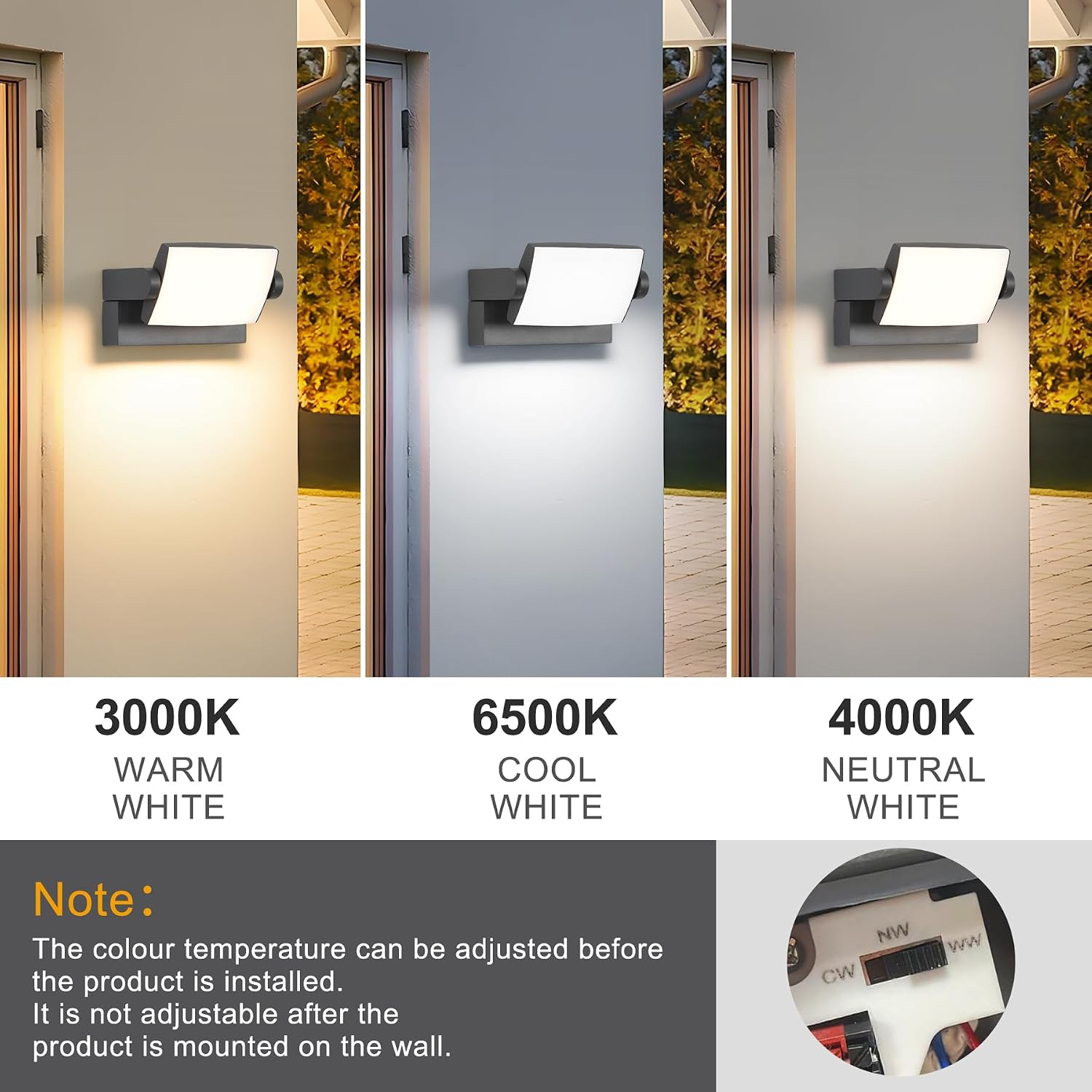 Detalle de SANSHI 12 W buitenwandlamp met draaibaar ledpaneel, IP65 en 3 lichtkleuren
