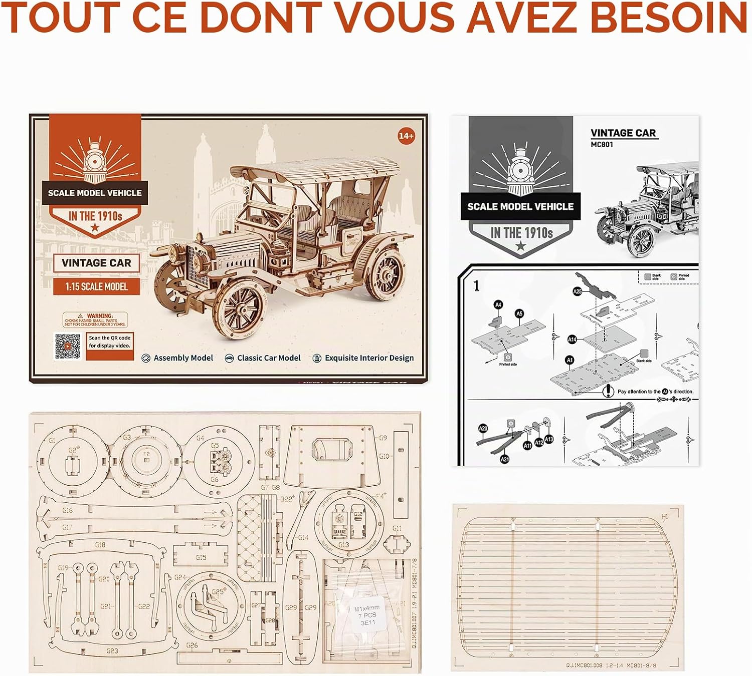 Thumbnail 5 de ROBOTIME ZQRT-MC801 houten 3D-puzzel: mechanische vintage auto