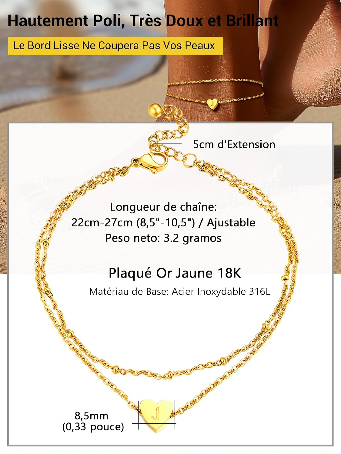 Detalle de PROSTEEL Bracelet de cheville femme plaqué or jaune 18k en acier inox 316L, double chaîne ajustable et charm cœur initiale