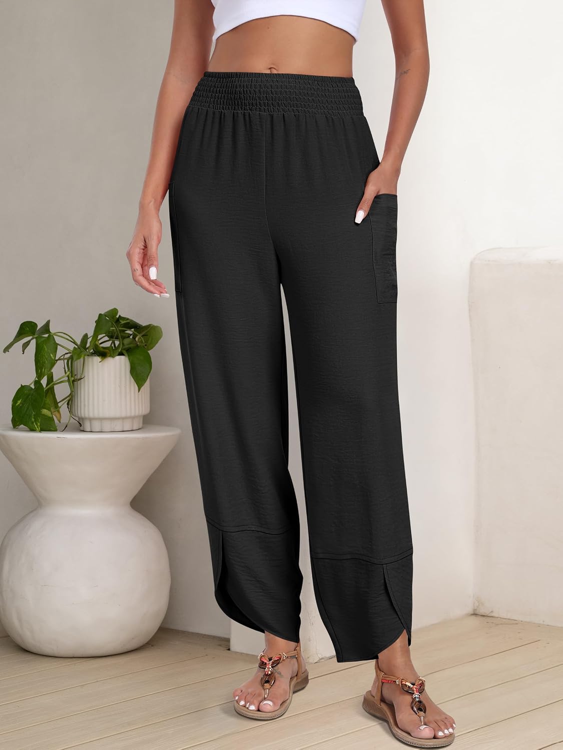 Detalle de ANRABESS Women’s Capri Palazzo Wide-Leg Pants with Smocked High Waist