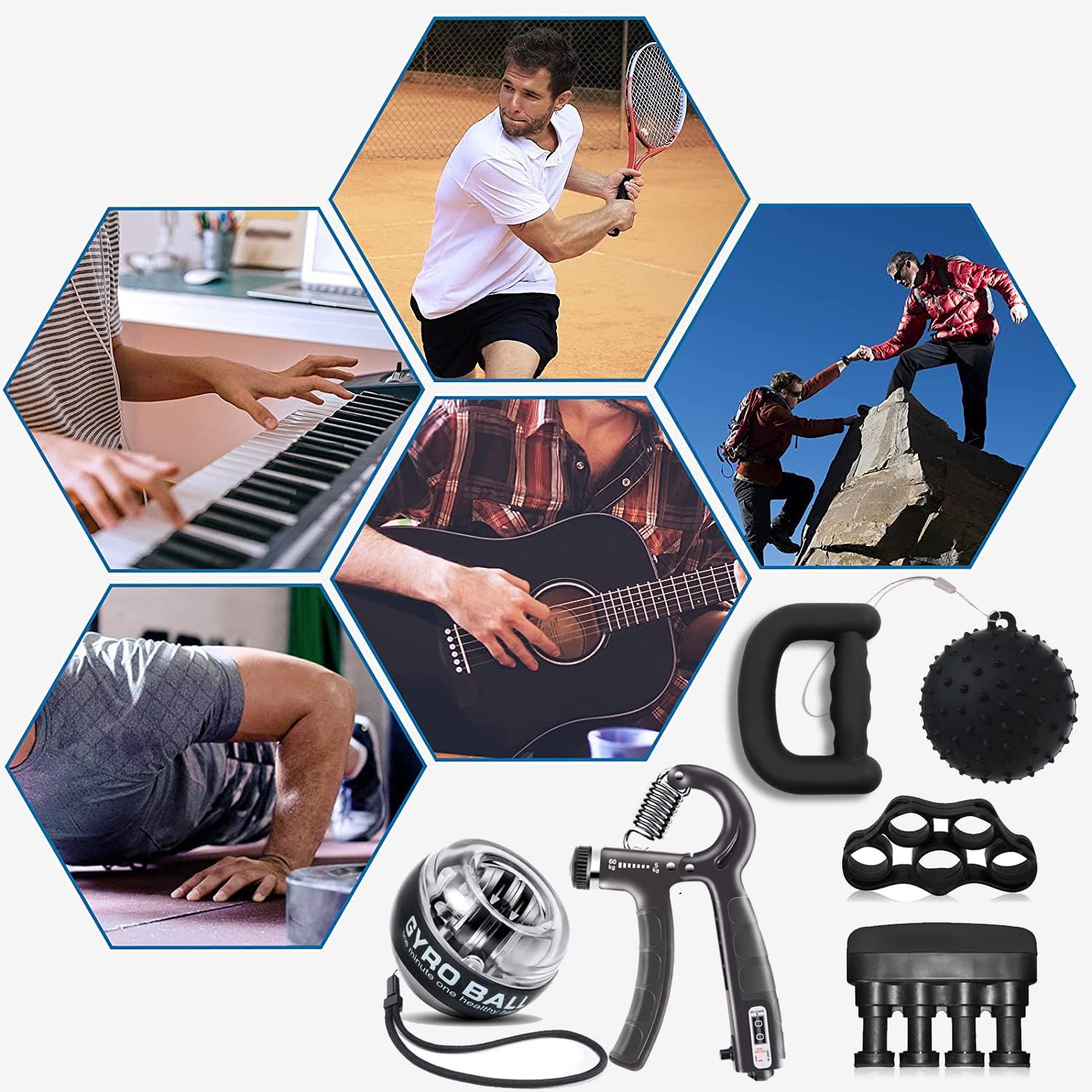 Detalle de MUMUWIND handtrainingsset met griptrainer, teller en gyroscopische bal