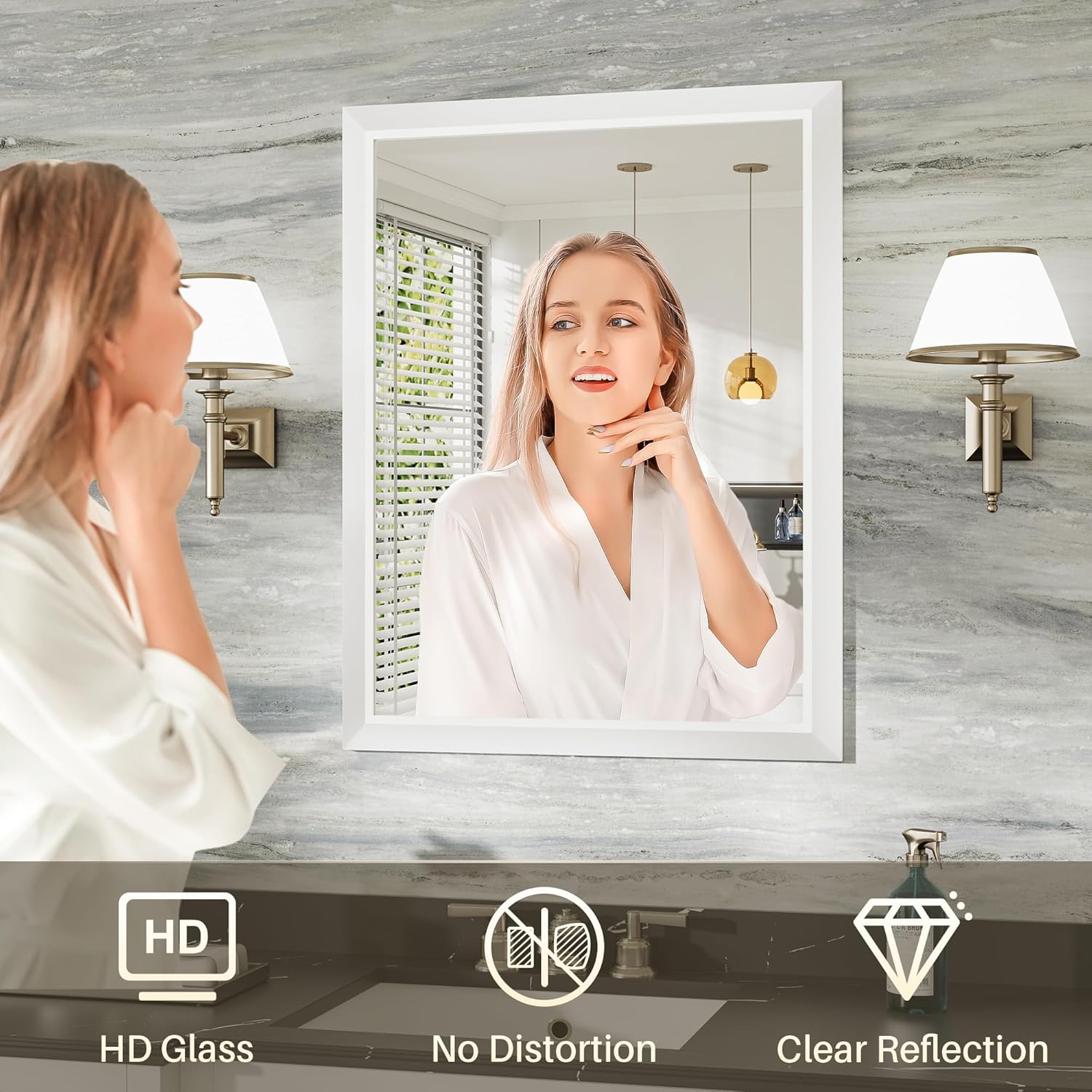 Thumbnail 3 de 24x32 Inch White Bathroom Mirror with Thick Metal Frame, Tempered Glass (Over Sink, Wall Mount)