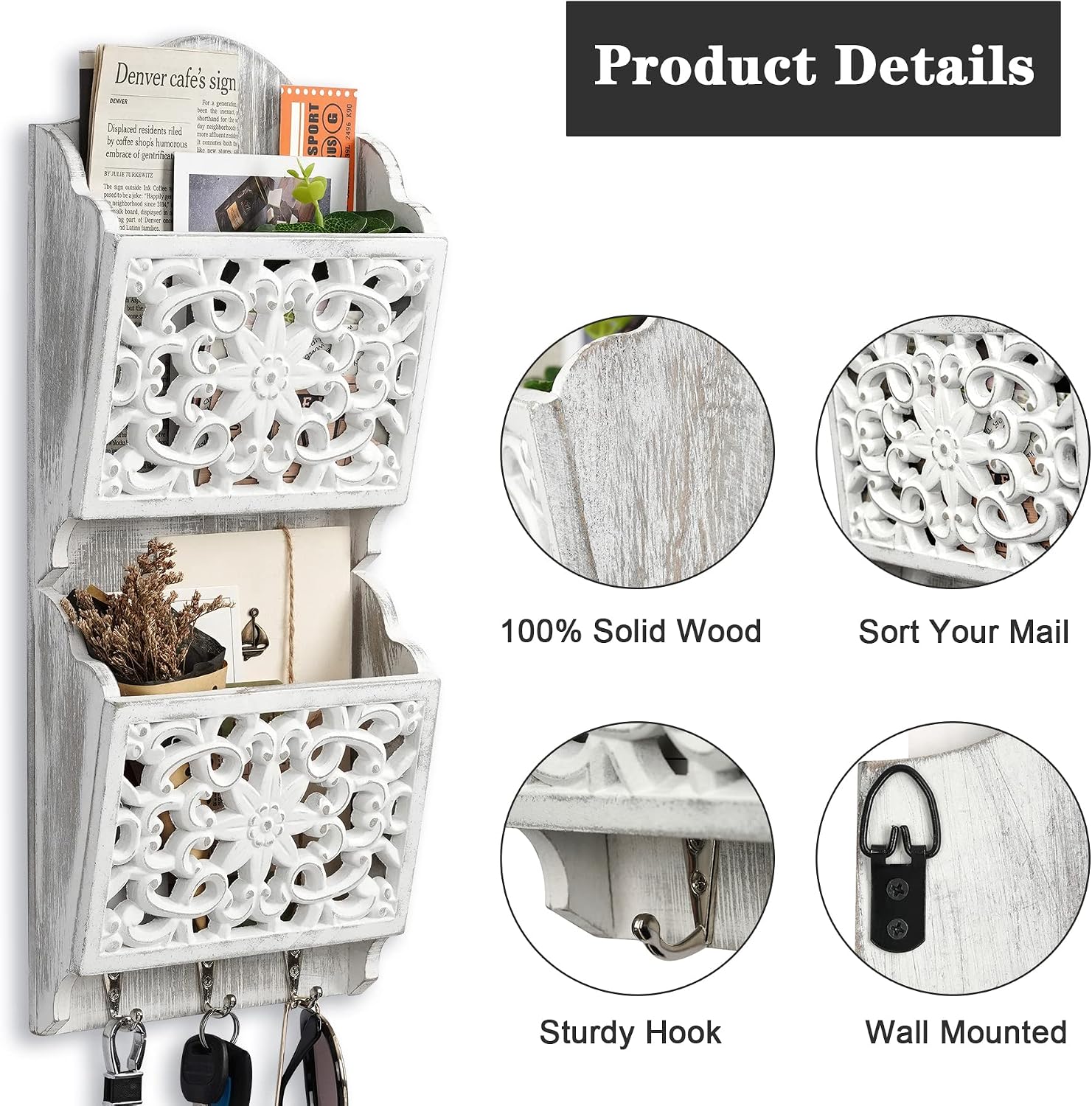 Detalle 2 de Optyuwah 2 Layer Key Holder for Wall: brievenhouder met 3 haken