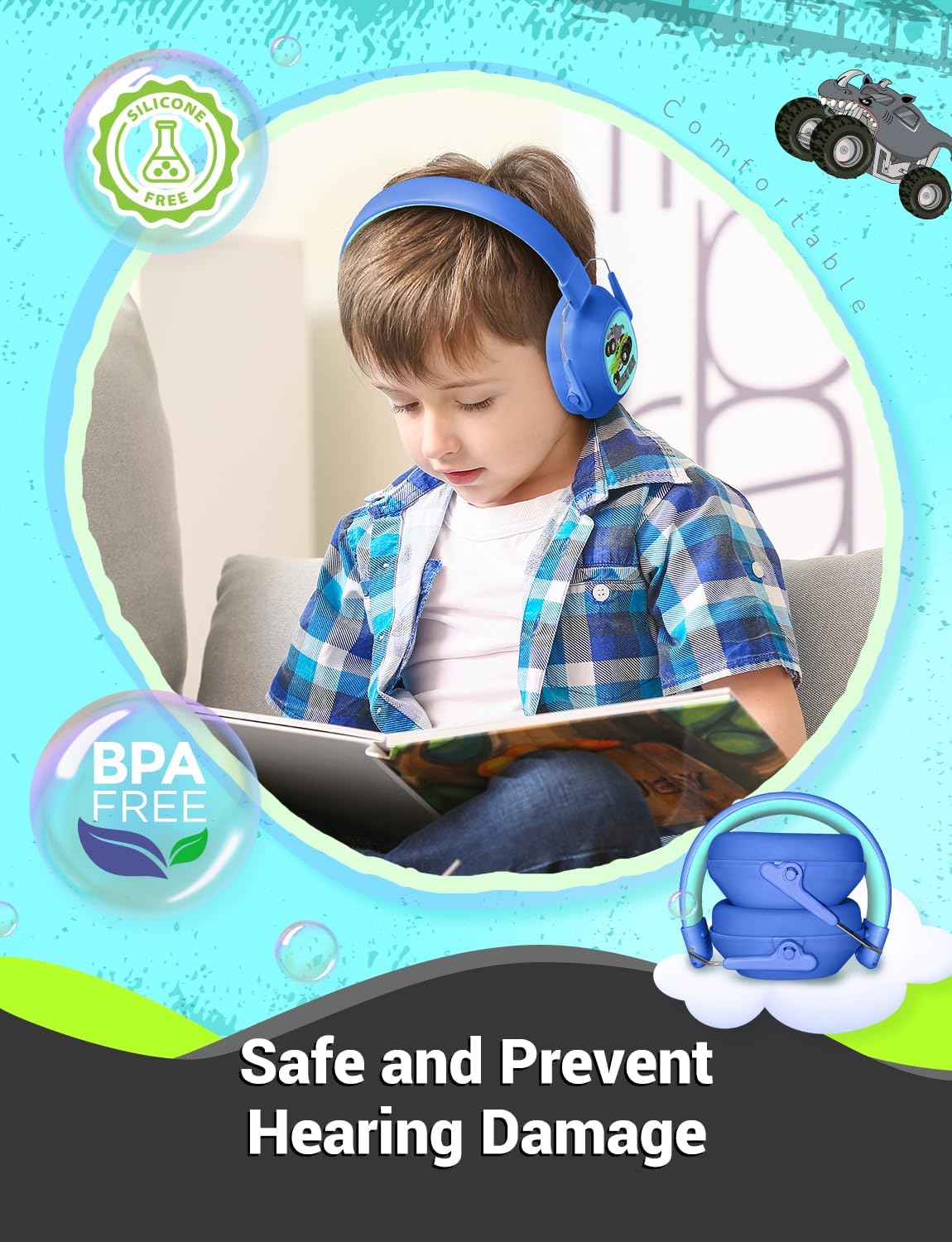 Thumbnail 2 de iClever Ear Defenders Children: SNR 29dB Noise Reduction Headphones for Kids (Monster Truck Blue)