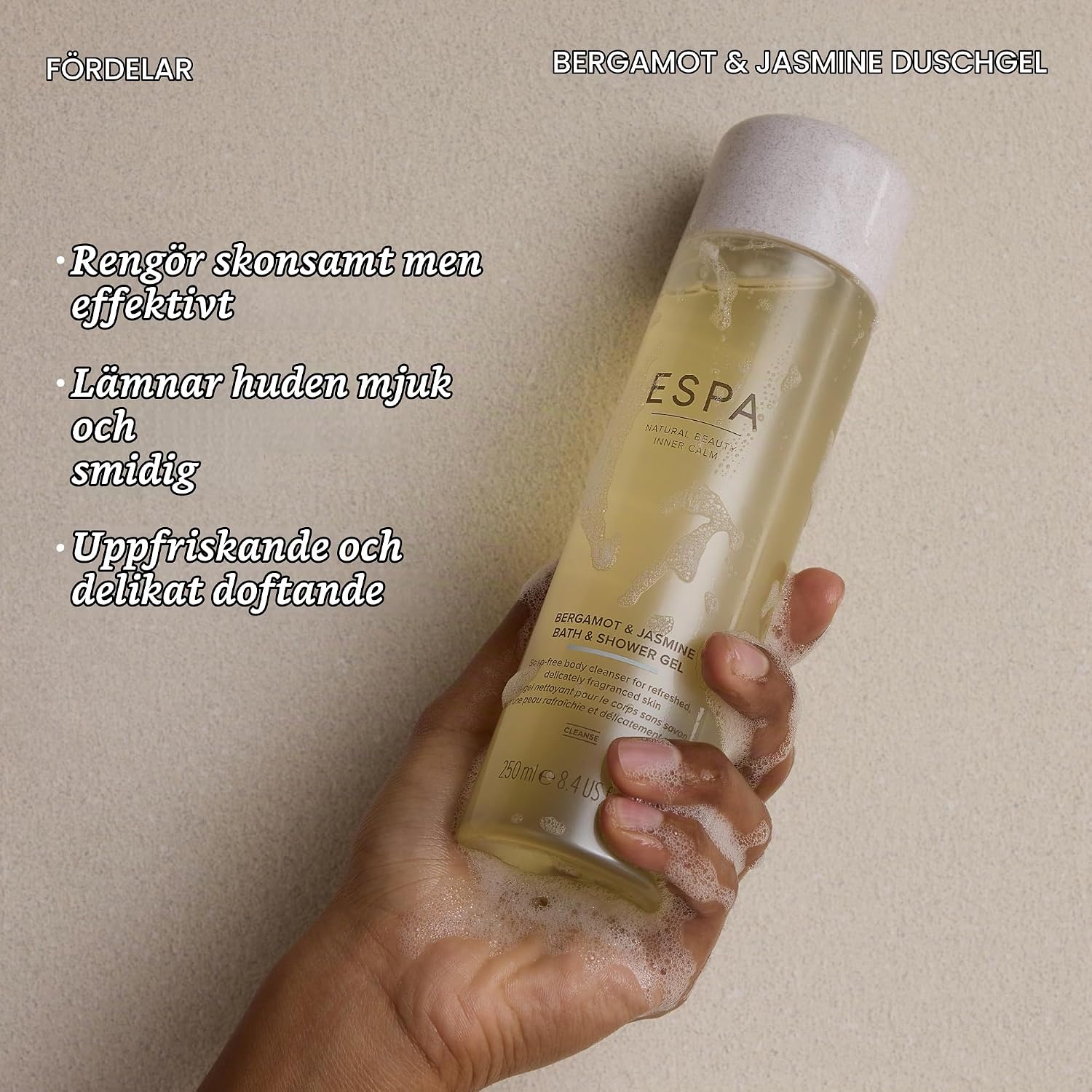 Detalle de ESPA Bergamot & Jasmine bad- och duschgel, 250 ml, tvålfri med kokos