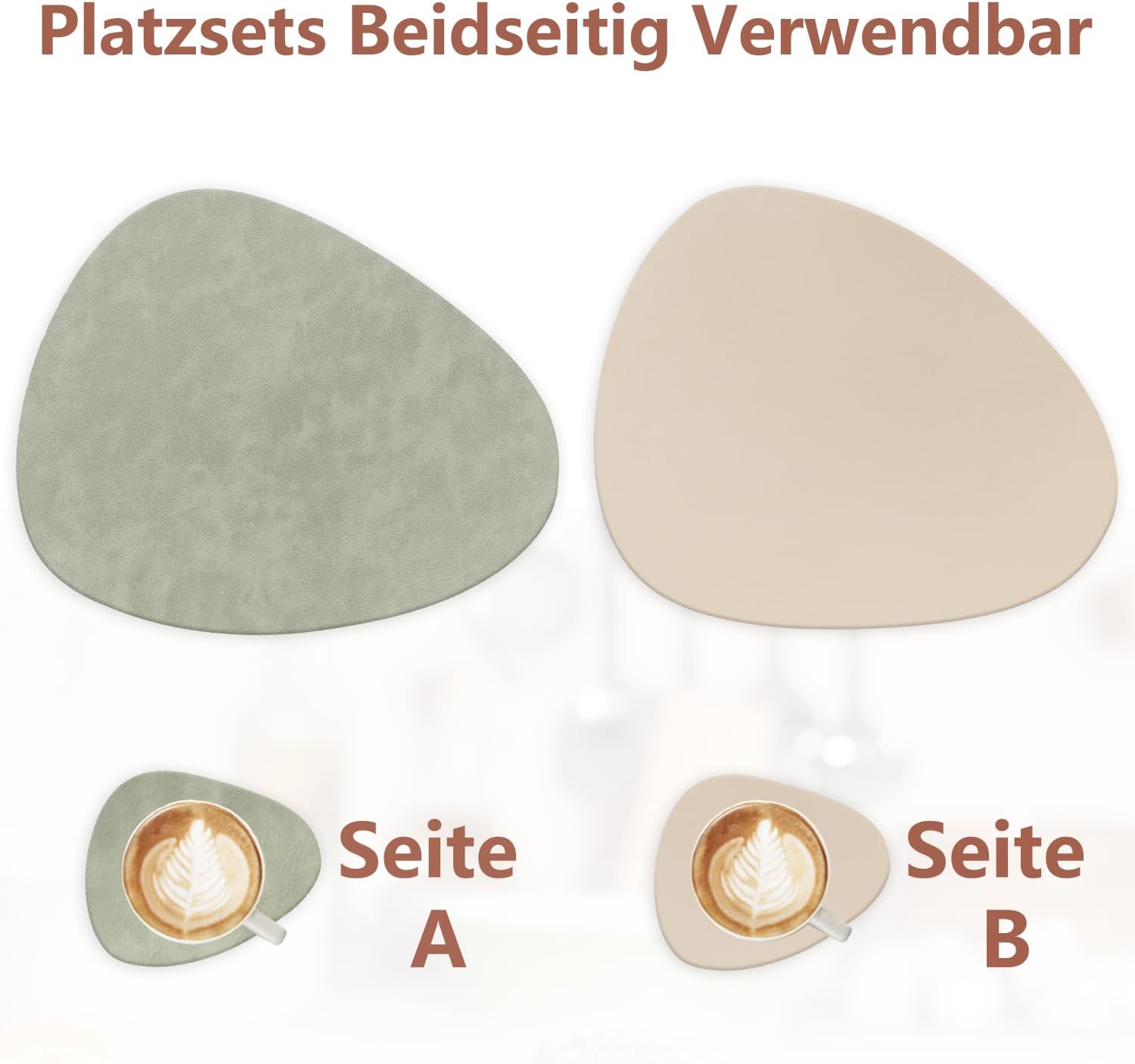 Detalle 2 de HELI MIAO 6er Set Tischsets aus Leder-Imitat – wasserdichte, abwaschbare Platzsets mit rutschfester Unterseite (Oval, Hellgrün+Beige)