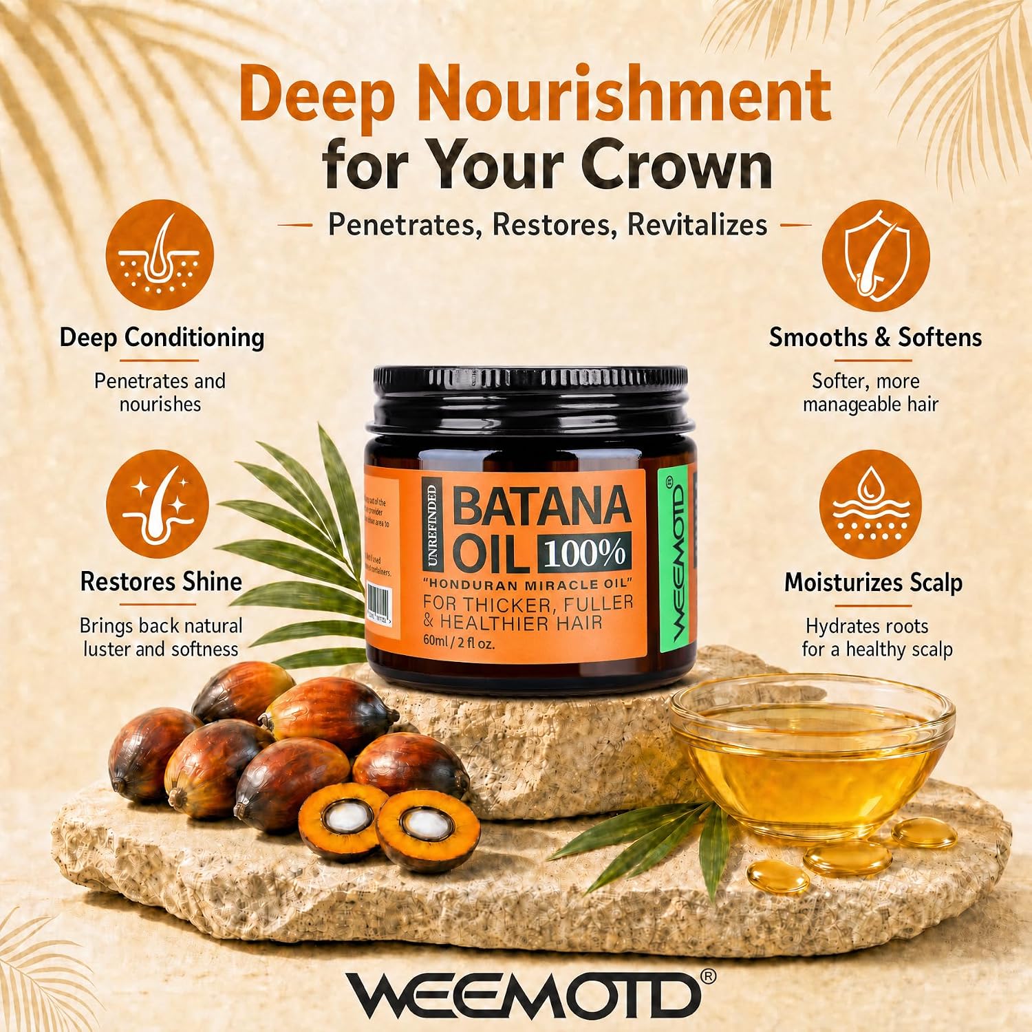 Detalle de WEEMOTD 100% Raw Batana Oil for Hair, 2 Fl Oz, Bright Coffee