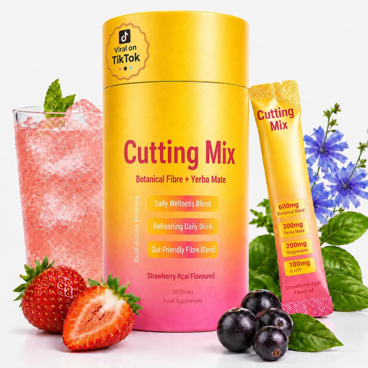 Detalle de Cutting Mix Drink: Botanical Fibre & Yerba Mate Blend – Sugar‑Free Strawberry Açaí Flavoured Sticks (30 x 1 Stick)