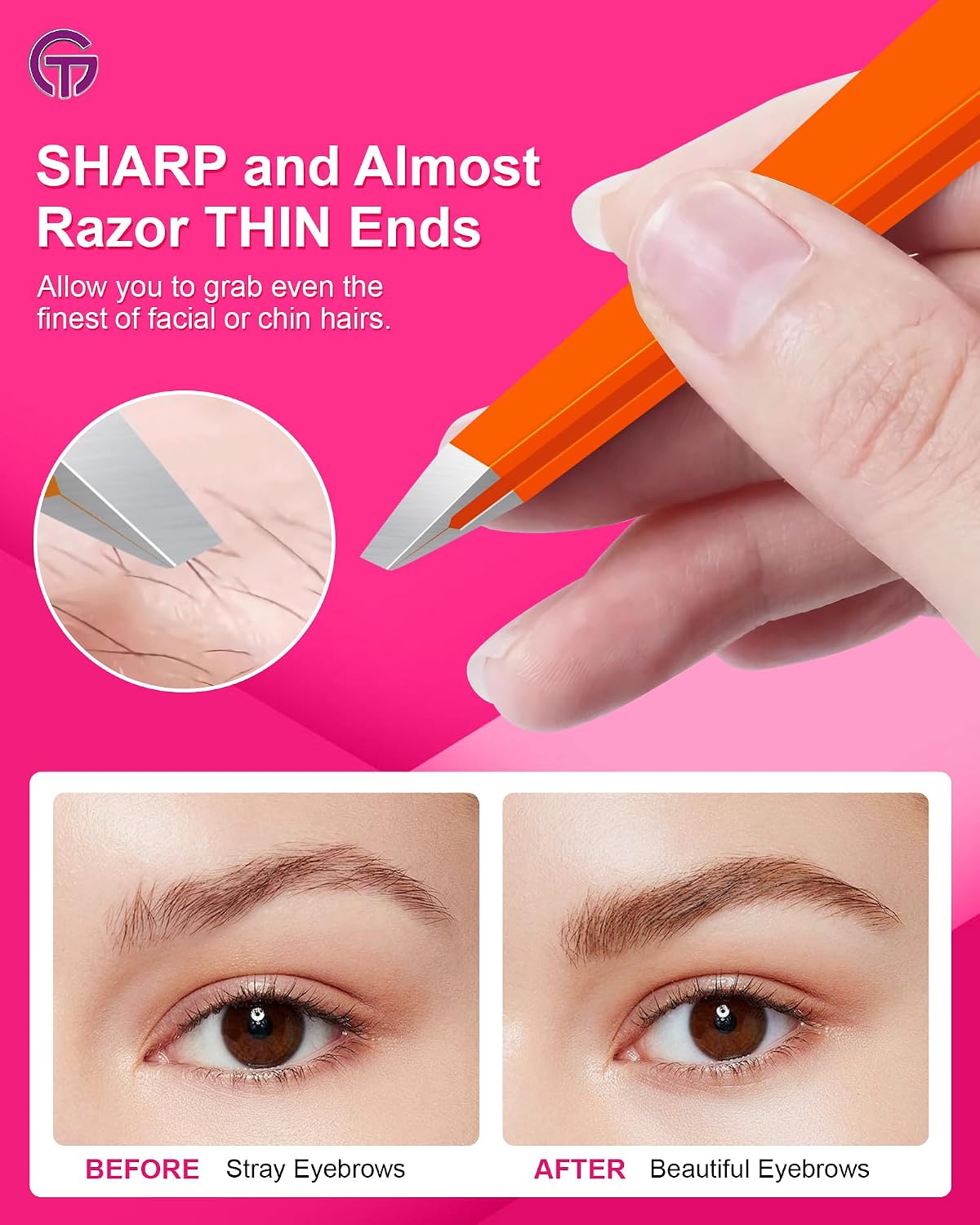 Detalle 2 de GlamTweeler Expert Eyebrow Hair Removal Tweezer with Leather Case (Orange) – slant tip stainless steel tweezers