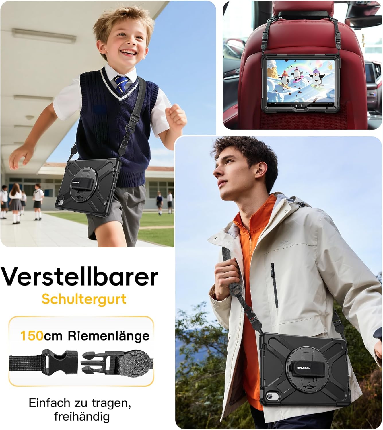 Thumbnail 4 de BRAECN Hülle für iPad (A16) 11/10 Generation – 11/10,9 Zoll, 360° Drehbarkeit, Stifthalter, Ständer & Schultergurt