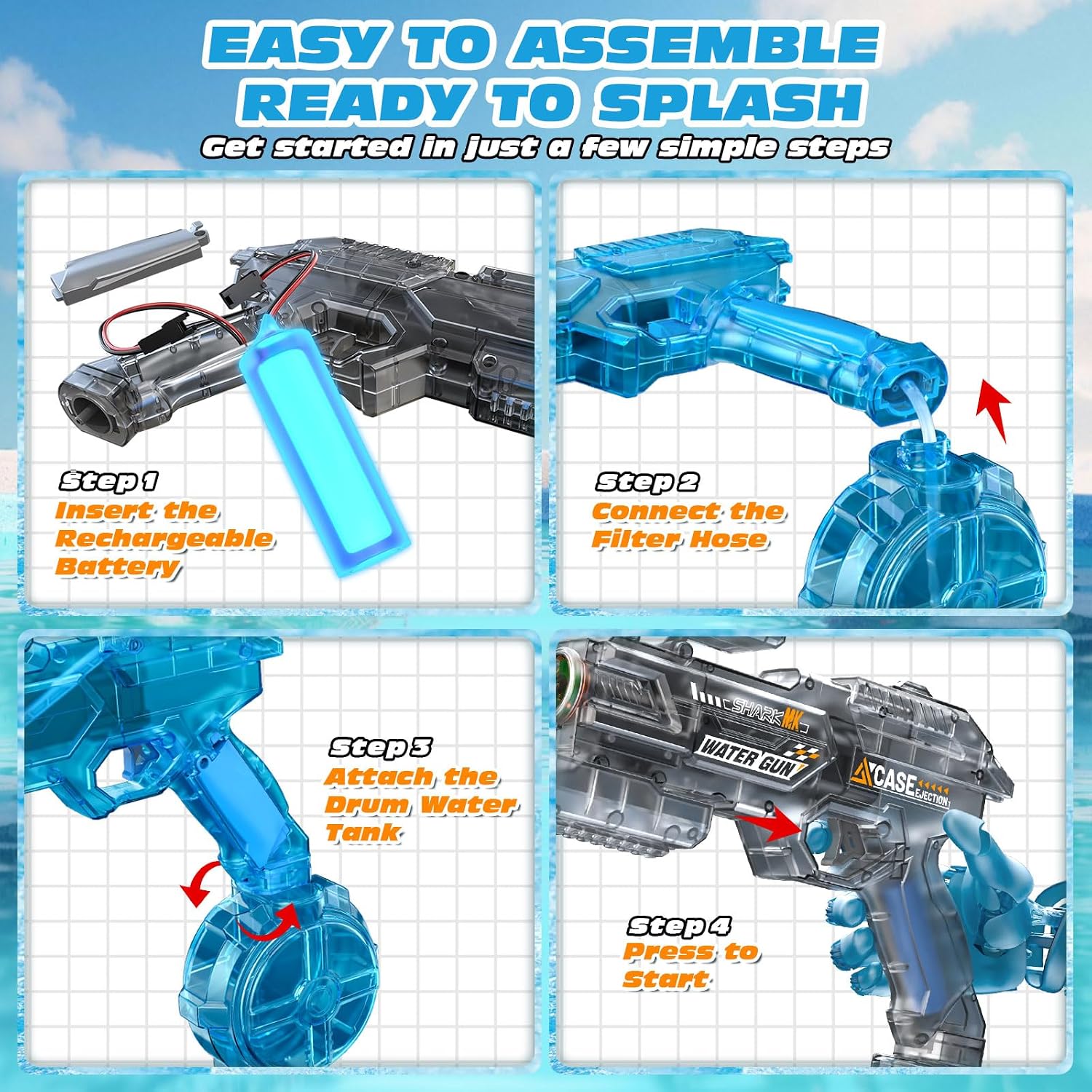 Detalle de Tecnock 2 Pack Electric Water Guns: Light-Up, USB Rechargeable Blasters for Summer Fun