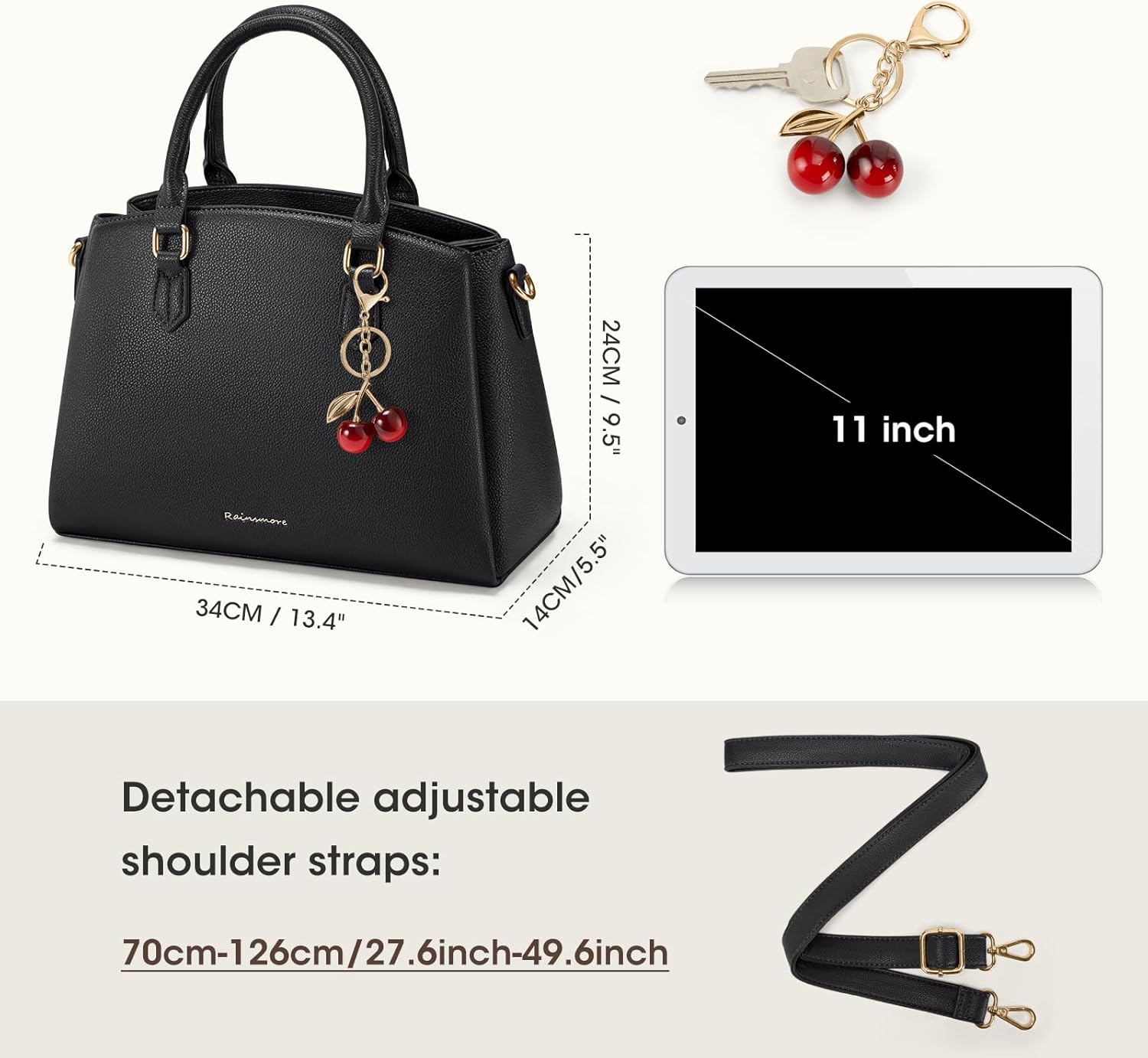 Thumbnail 2 de RAINSMORE Handtasche Damen mittelgroß aus PU mit abnehmbarem Schulterriemen – für 11-Zoll-Tablet & Büro (schwarz)