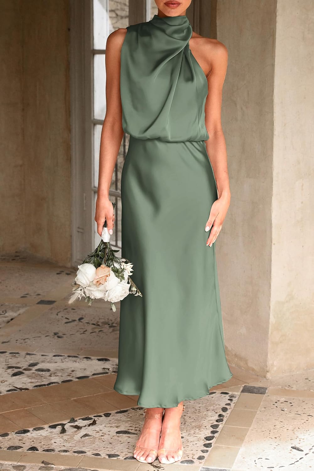 Detalle de PRETTYGARDEN Women’s Satin Mock Neck Sleeveless Maxi Dress (Summer & Cocktail)