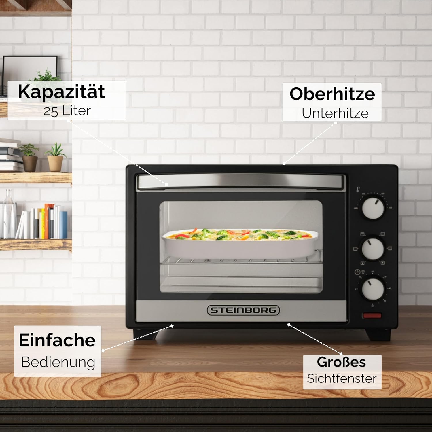Detalle 2 de Steinborg 25 Liter Mini Backofen mit Umluft – kompakter Allrounder für Hausküche