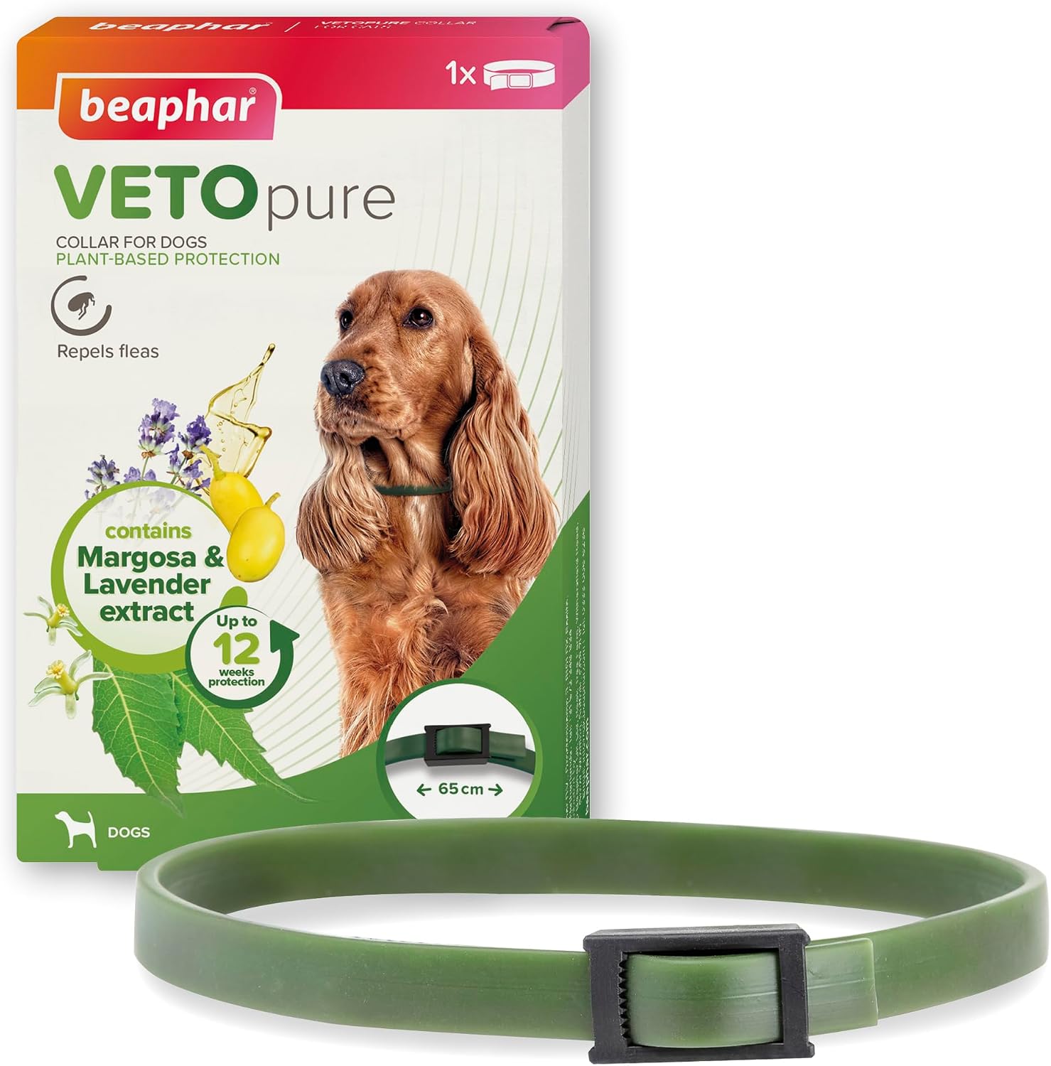 Detalle de Beaphar VETOpure Dog Flea Repellent Collar – 65cm, Plant-Based Protection for 12 Weeks