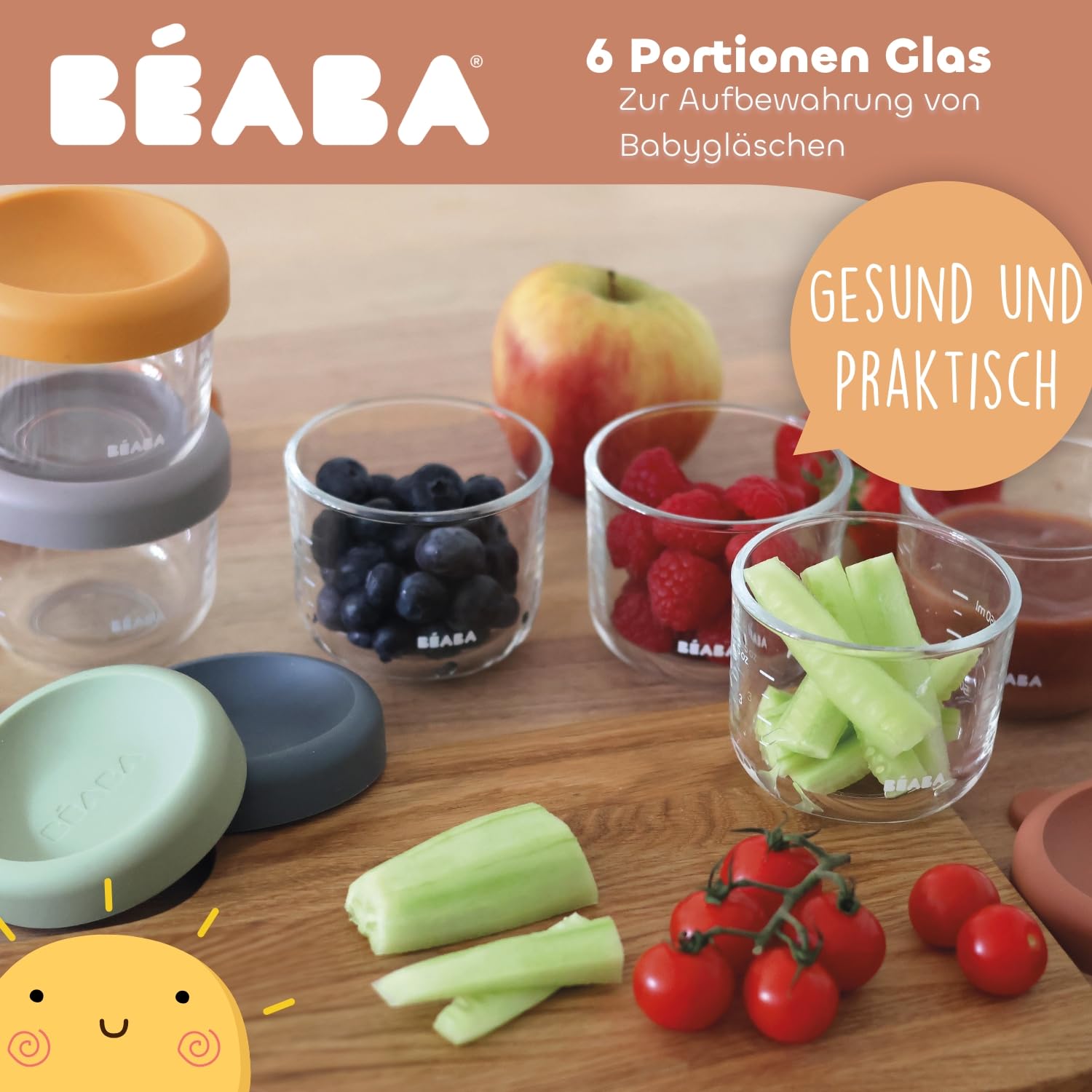 Detalle de BÉABA Set mit 6 Glas-Portionsbehältern, 150 ml, Sunrise