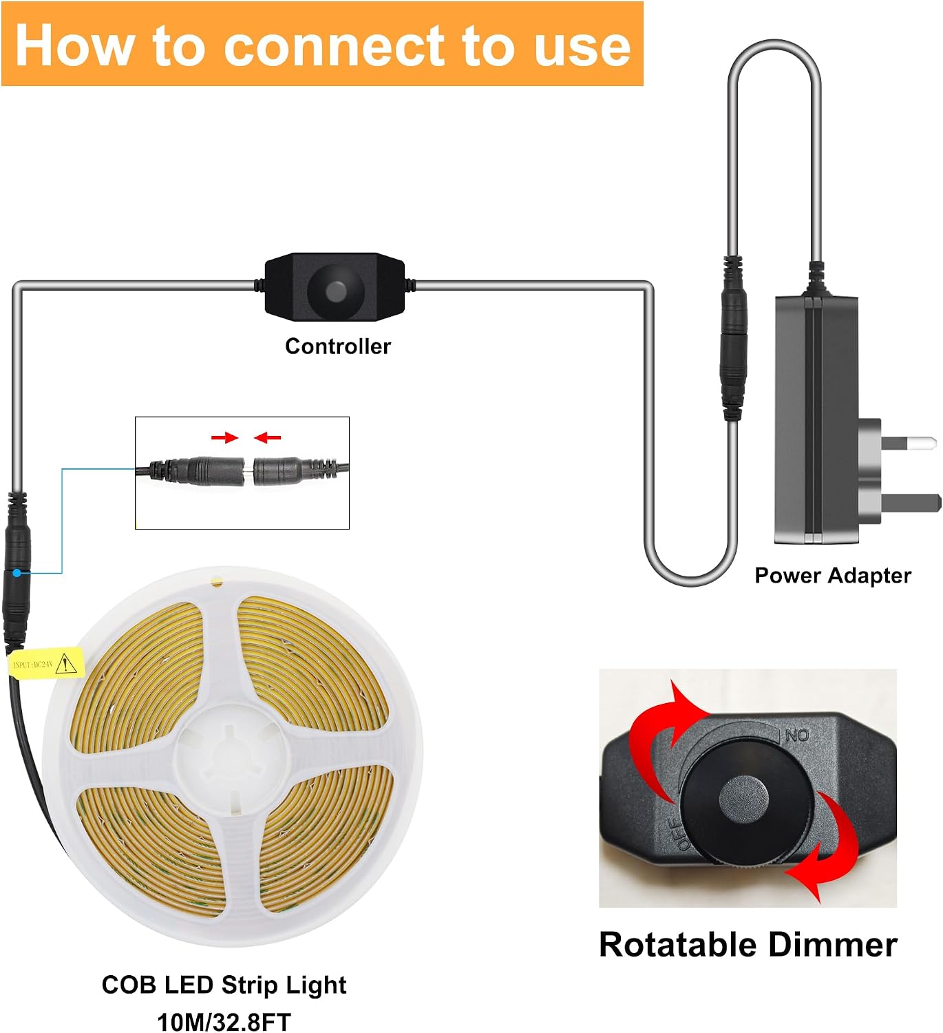 Detalle de AXMOTUT Dimmable COB LED Strip Lights 10m (2700K Warm White) with 24V COB Power, 3200 LEDs, CRI 93+