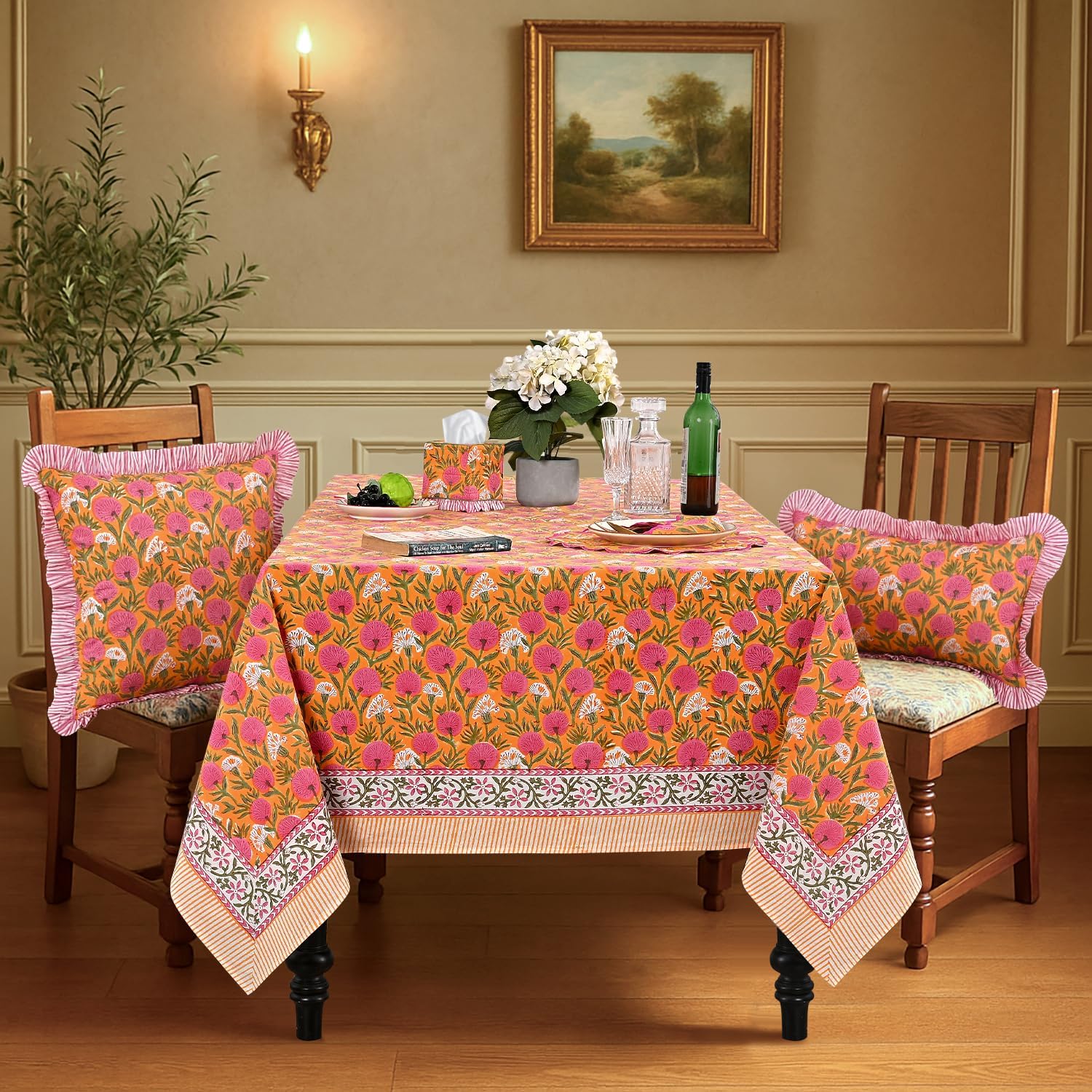 Detalle de Ridhi Bubblegum Pink Hand Block Print Cotton Rectangle Tablecloth — 108" x 70