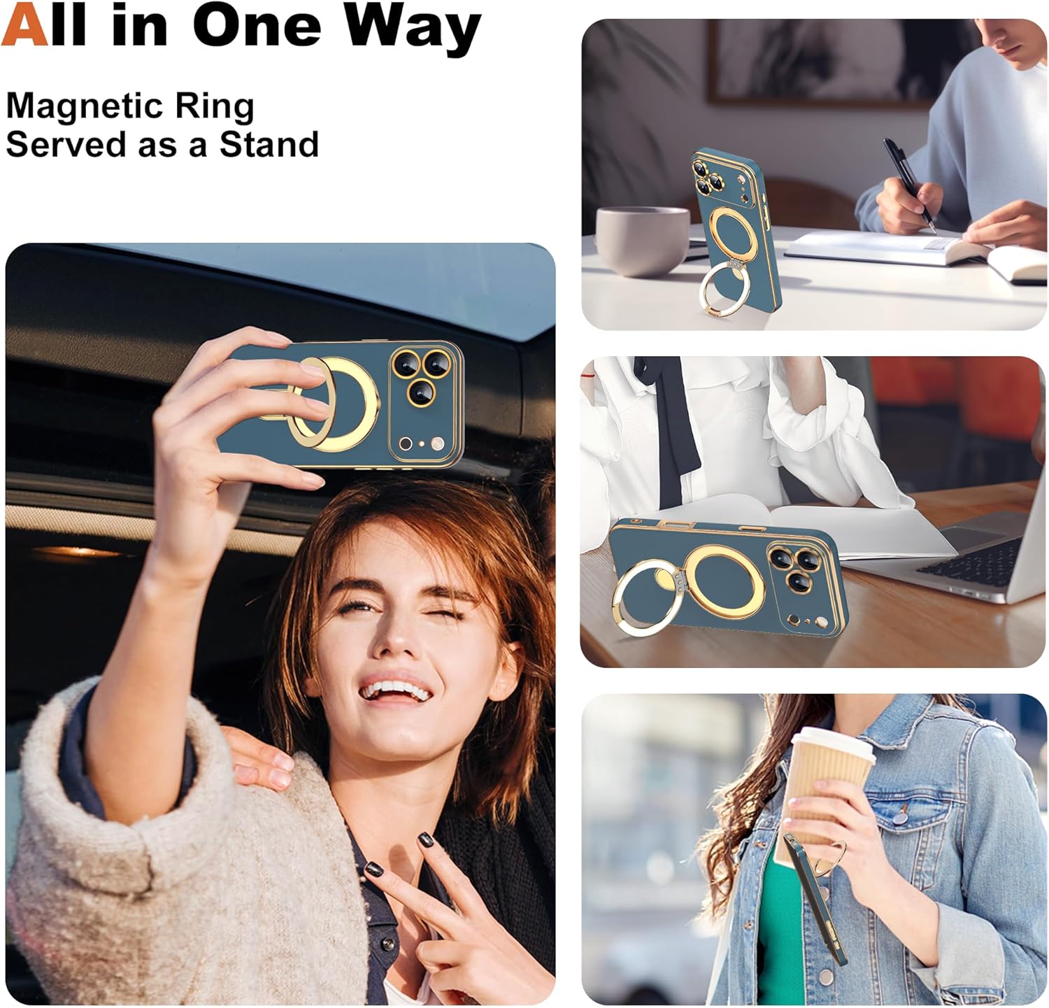 Thumbnail 2 de ETPESOK Compatible iPhone 17 Pro Max Case with Magnetic Ring Stand (Mag-Safe) and Full Camera Lens Protector, Grey Blue