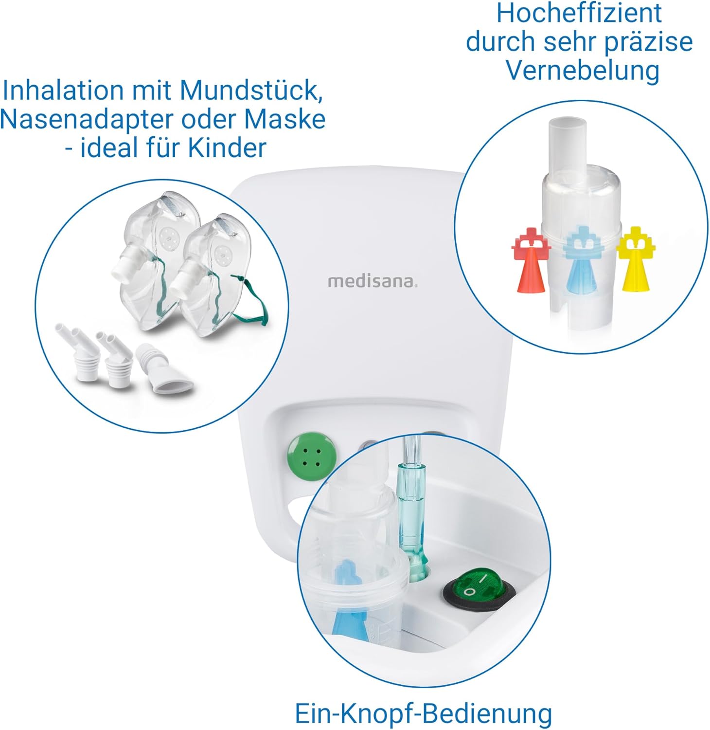 Detalle 2 de Medisana IN 500 Inhalator: Kompressor-Nebulizer mit Mundstück und Maske – inklusive Zubehör für Erwachsene und Kinder