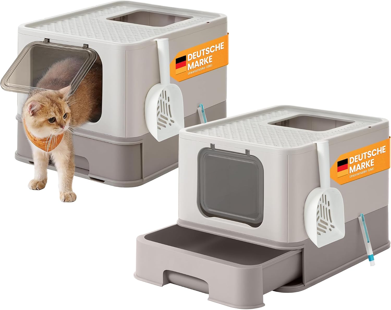 Feandrea Katzenklo 2er Set mit Deckel – großes Design für große Katzen, inkl. ausziehbarem Tablett, Schaufel und Bürste